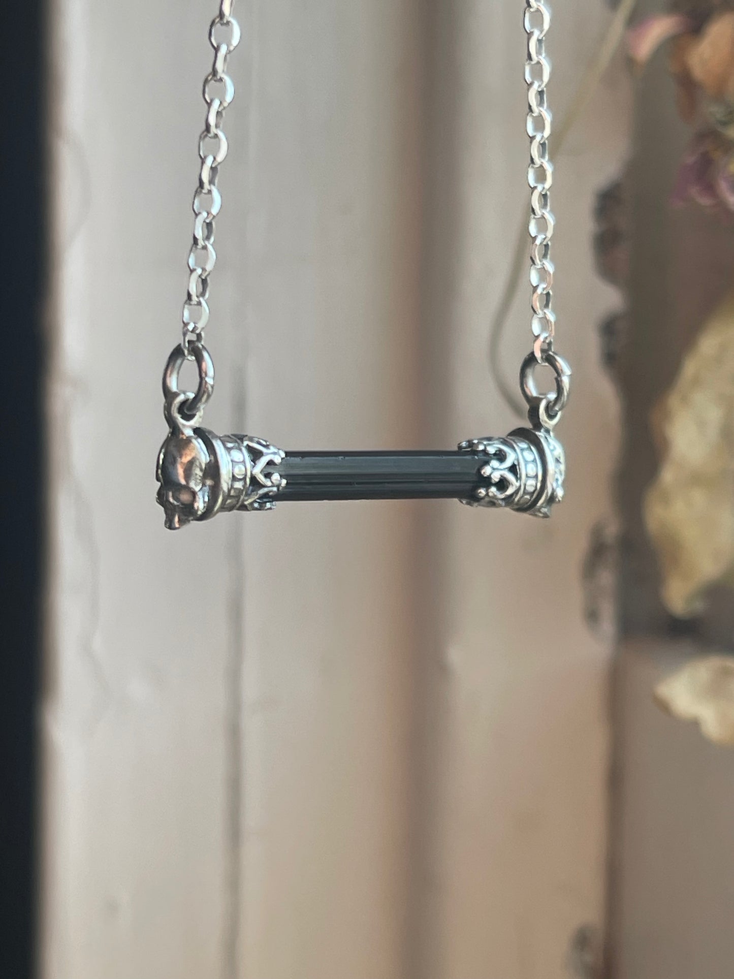 Black Tourmaline Crystal Gothic Skull Bar Necklace