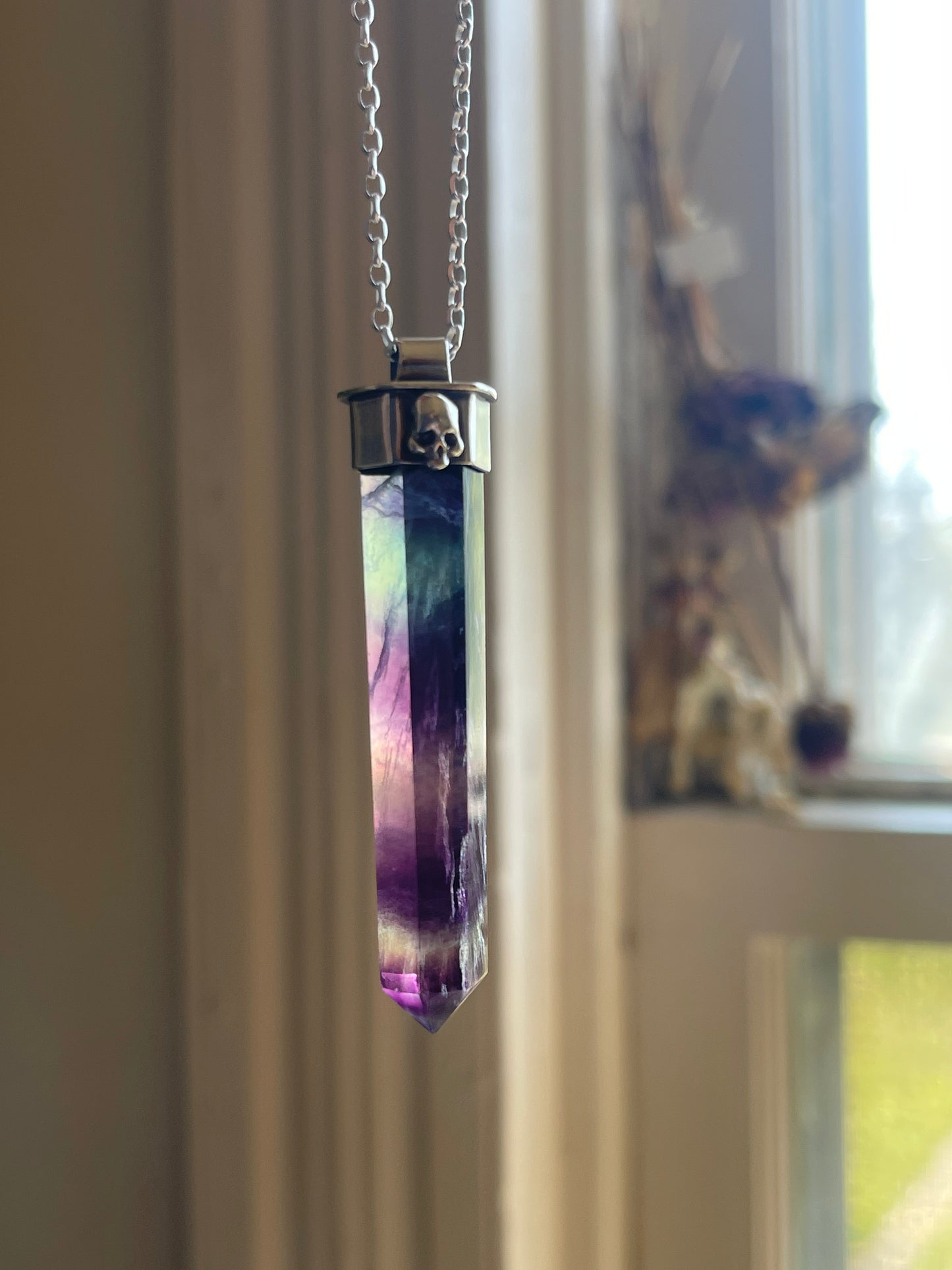 Autumnal Decay Fluorite Crystal Skull Necklace