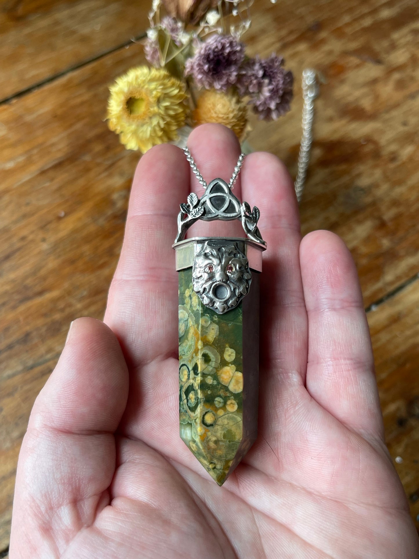 *Oakfather’s Blessing • Rainforest Agate Greenman Crystal with Orange Sapphire Eyes • Sterling Silver