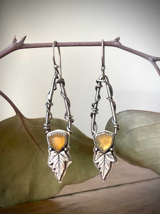Leaves of Lórien • Oregon Fire Opal Leaf Drop Dangle Earrings