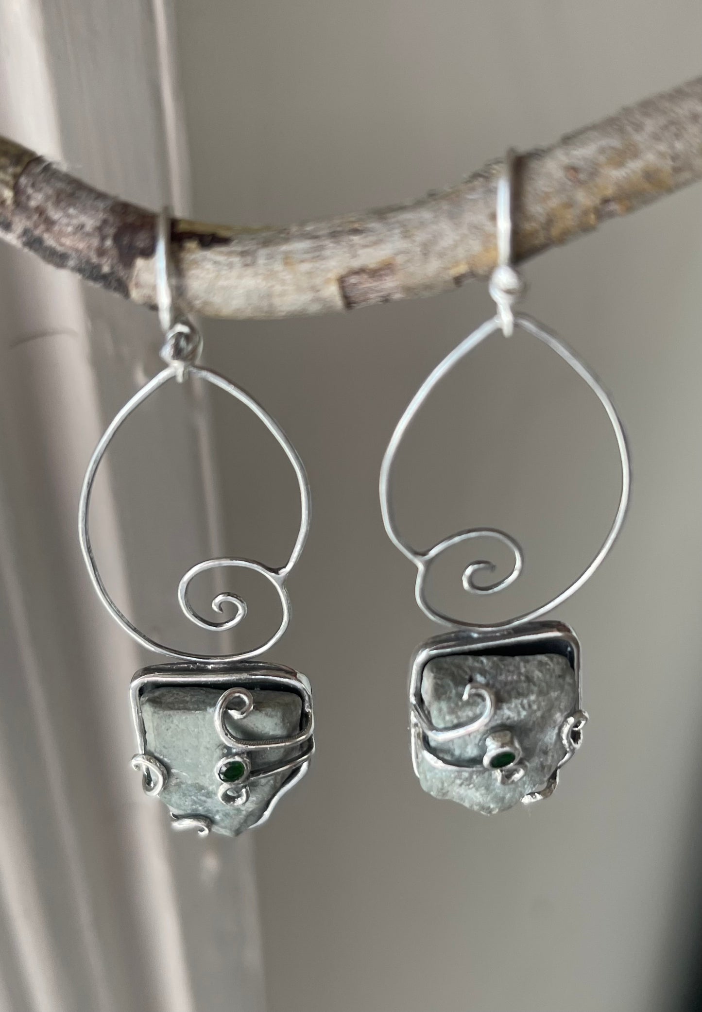 *Forest Snail Dangle Earrings • Chrome Diopside & River Rock • Sterling Silver