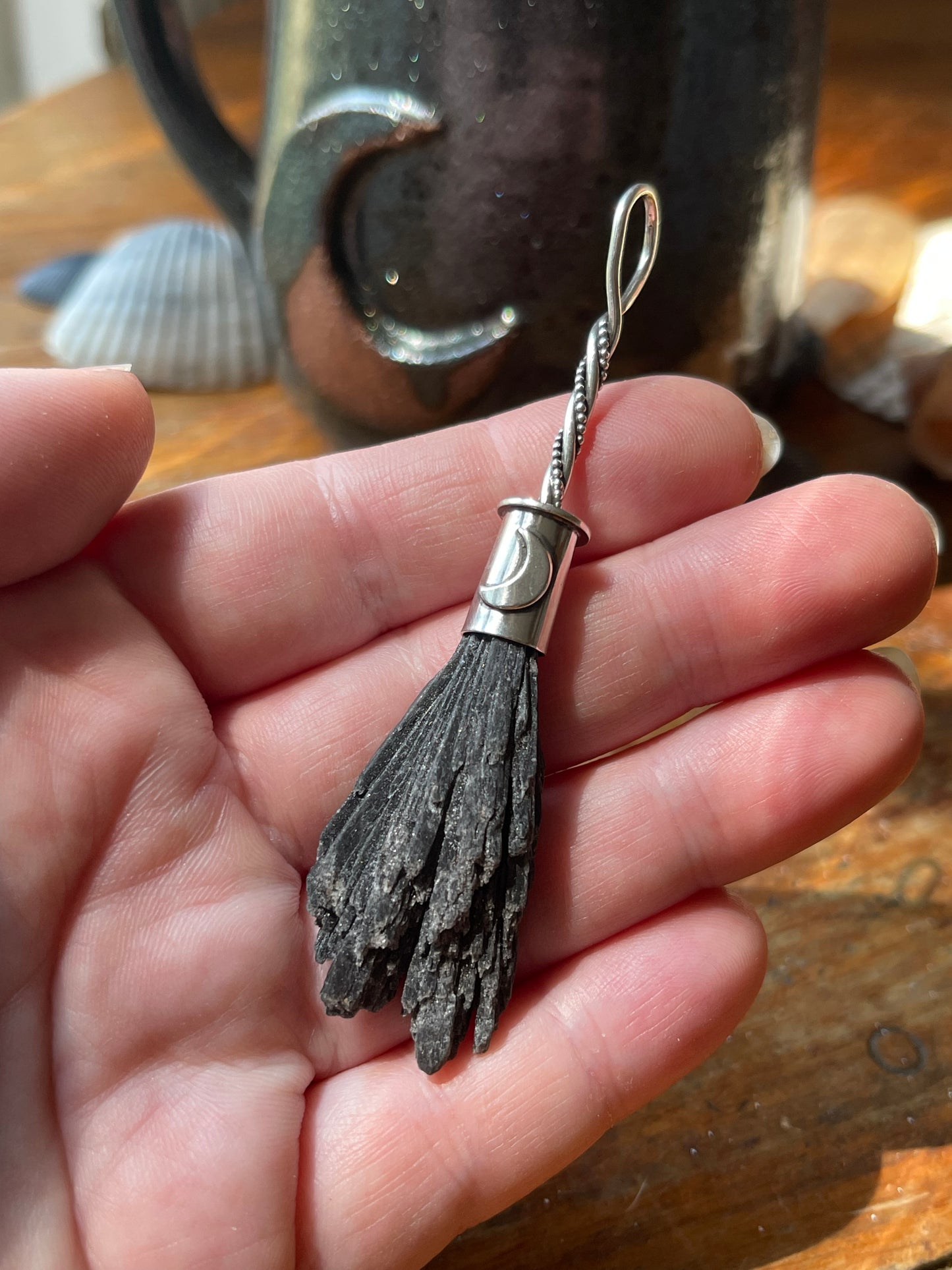 Black Kyanite Crystal Lunar Witch Broom Pendant PRE-ORDER
