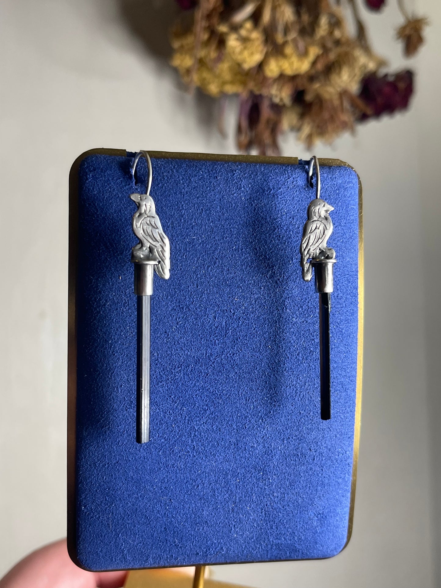 *Nevermore Black Tourmaline Crystal  Corvid Long Drop Earrings • Sterling Silver
