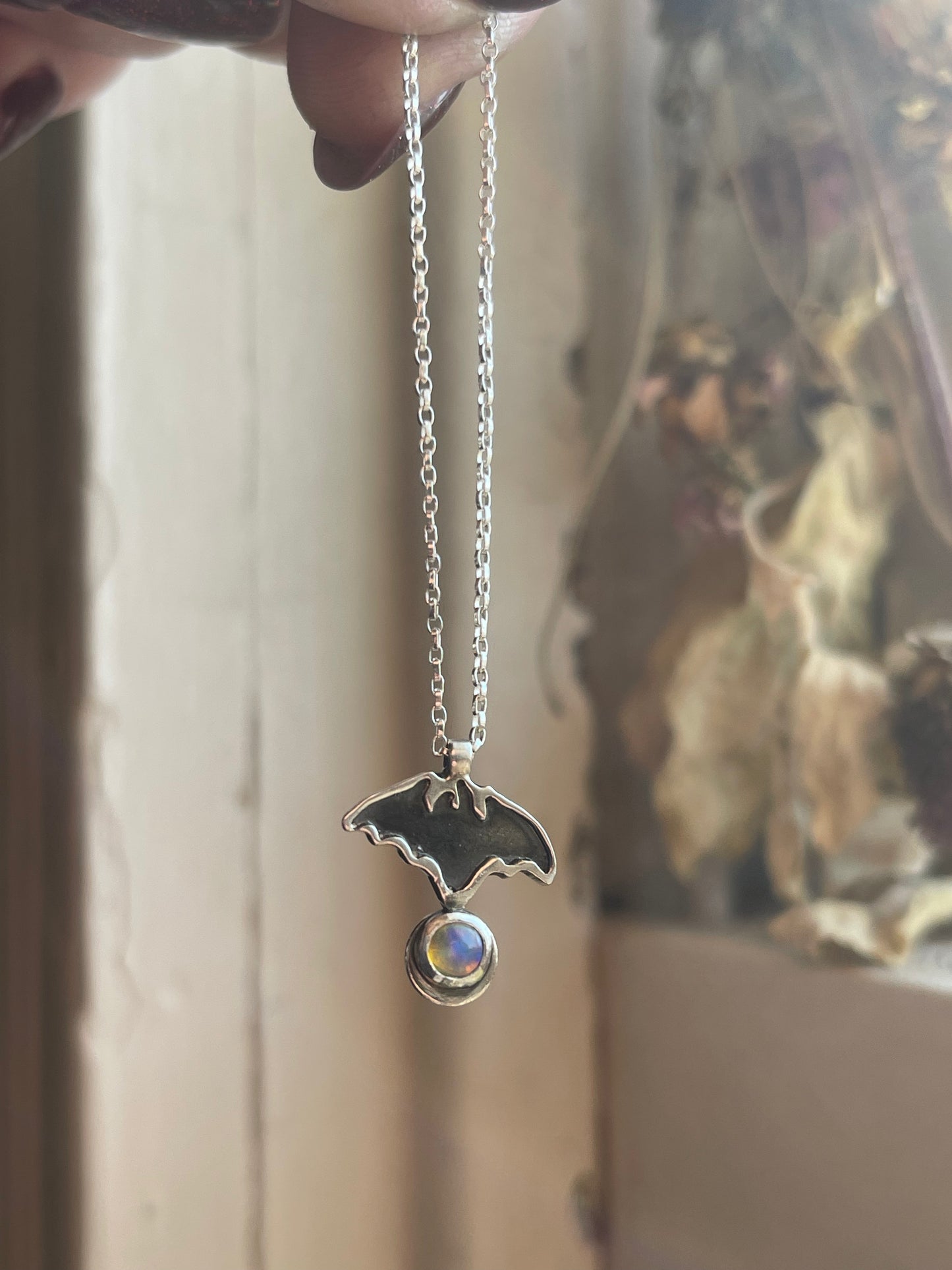 Little Bat Opal Charm Necklace
