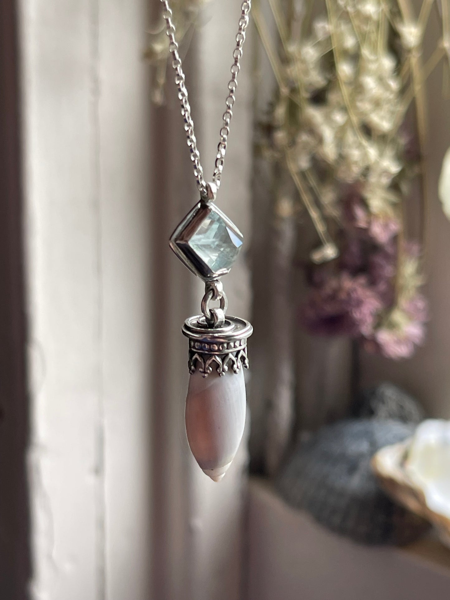 Empress of Tides • Aquamarine & Olive Shell Necklace