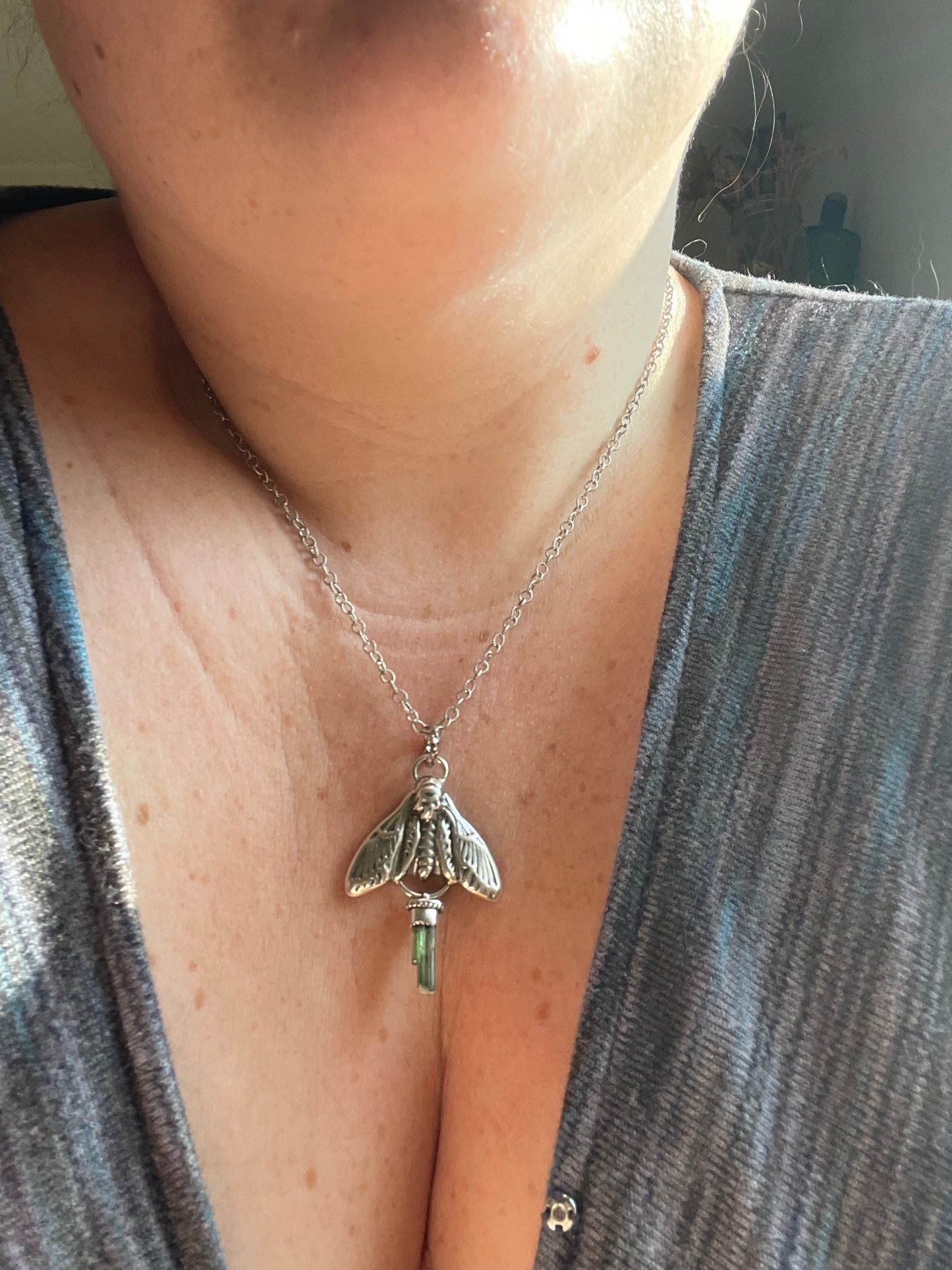 Green Tourmaline Crystal Deathmoth Necklace