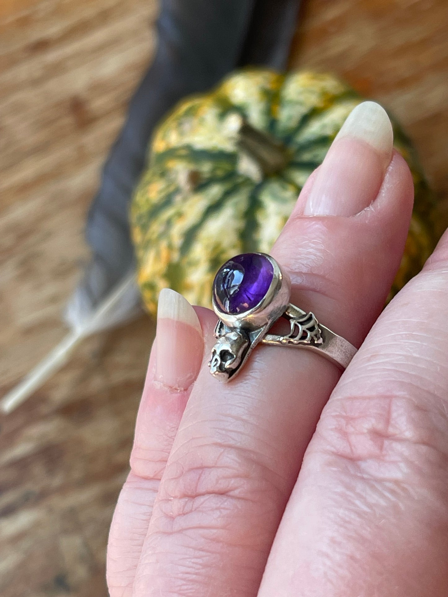 Elvira • Glowing Amethyst Spiderweb Skull Ring Size 5