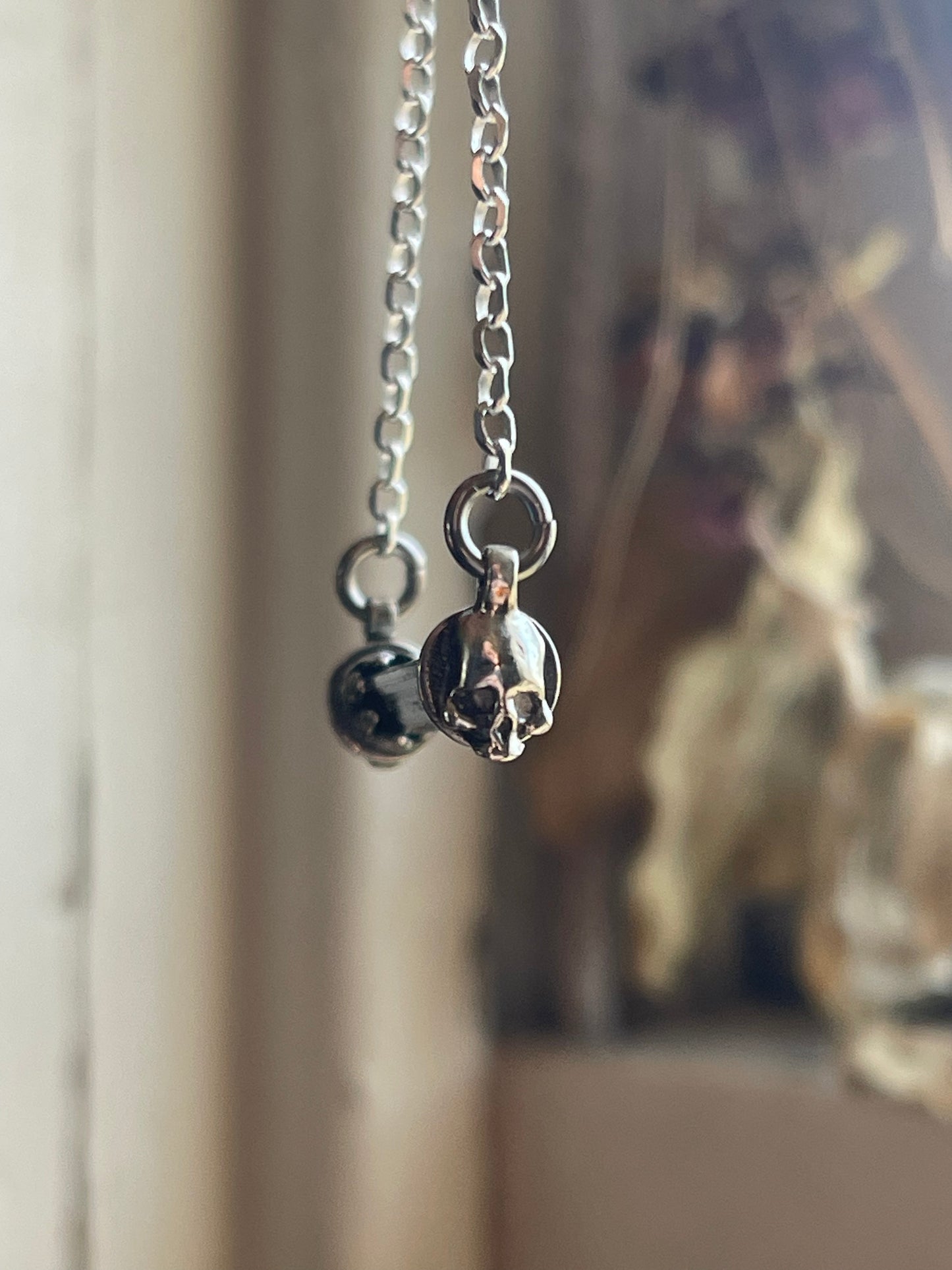 Black Tourmaline Crystal Gothic Skull Bar Necklace
