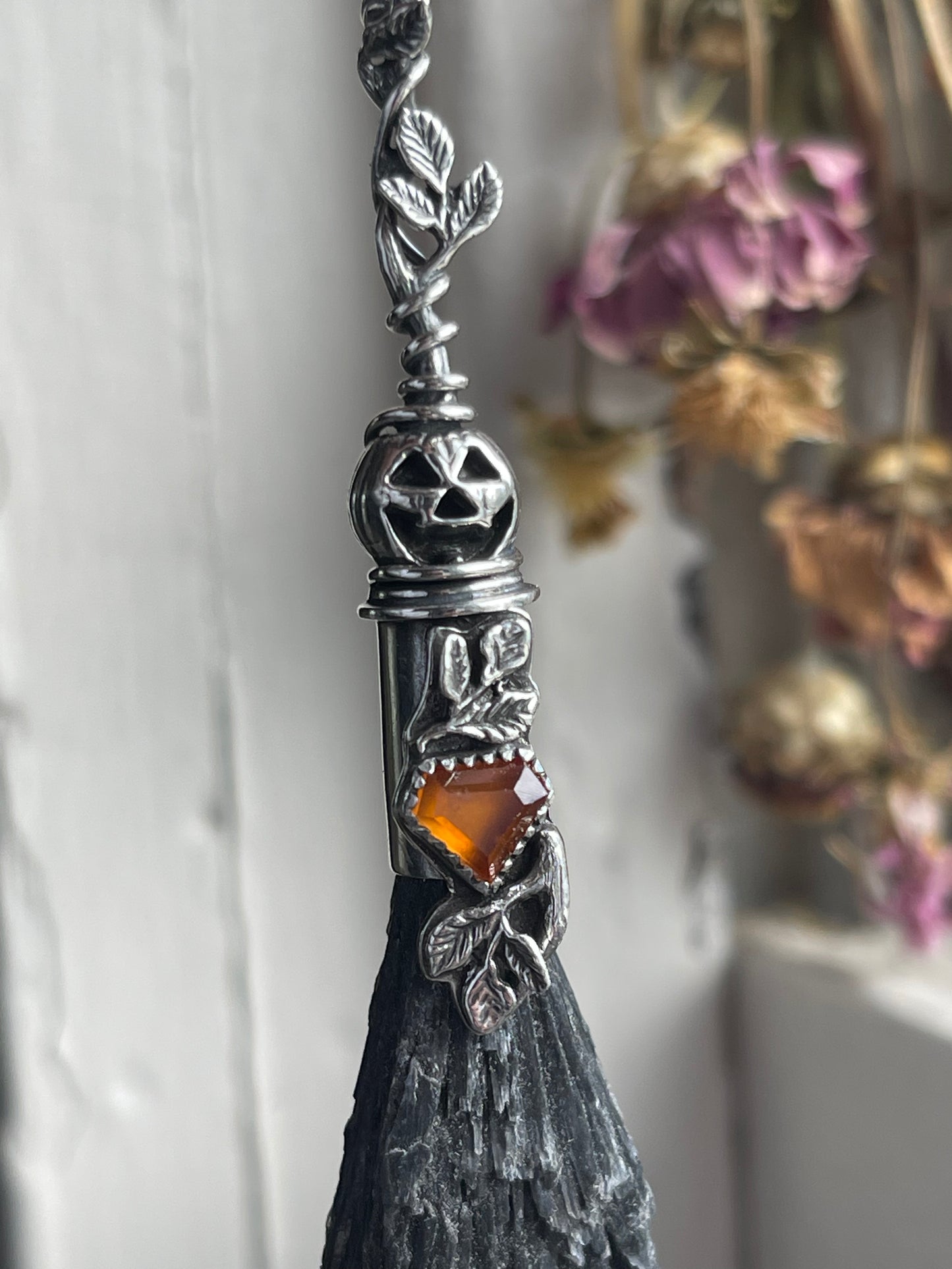Glowing Garnet Pumpkin Autumn Witch Crystal Broom Pendant