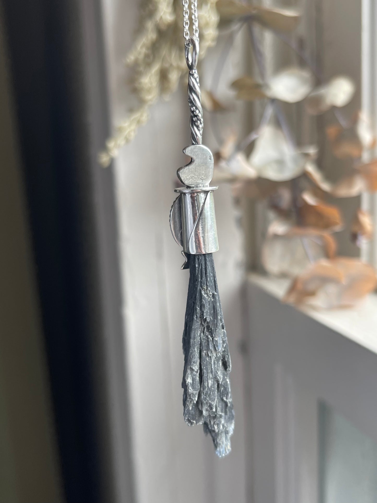 Celestial Witch Teal Kyanite Crystal Witch Broom Pendant