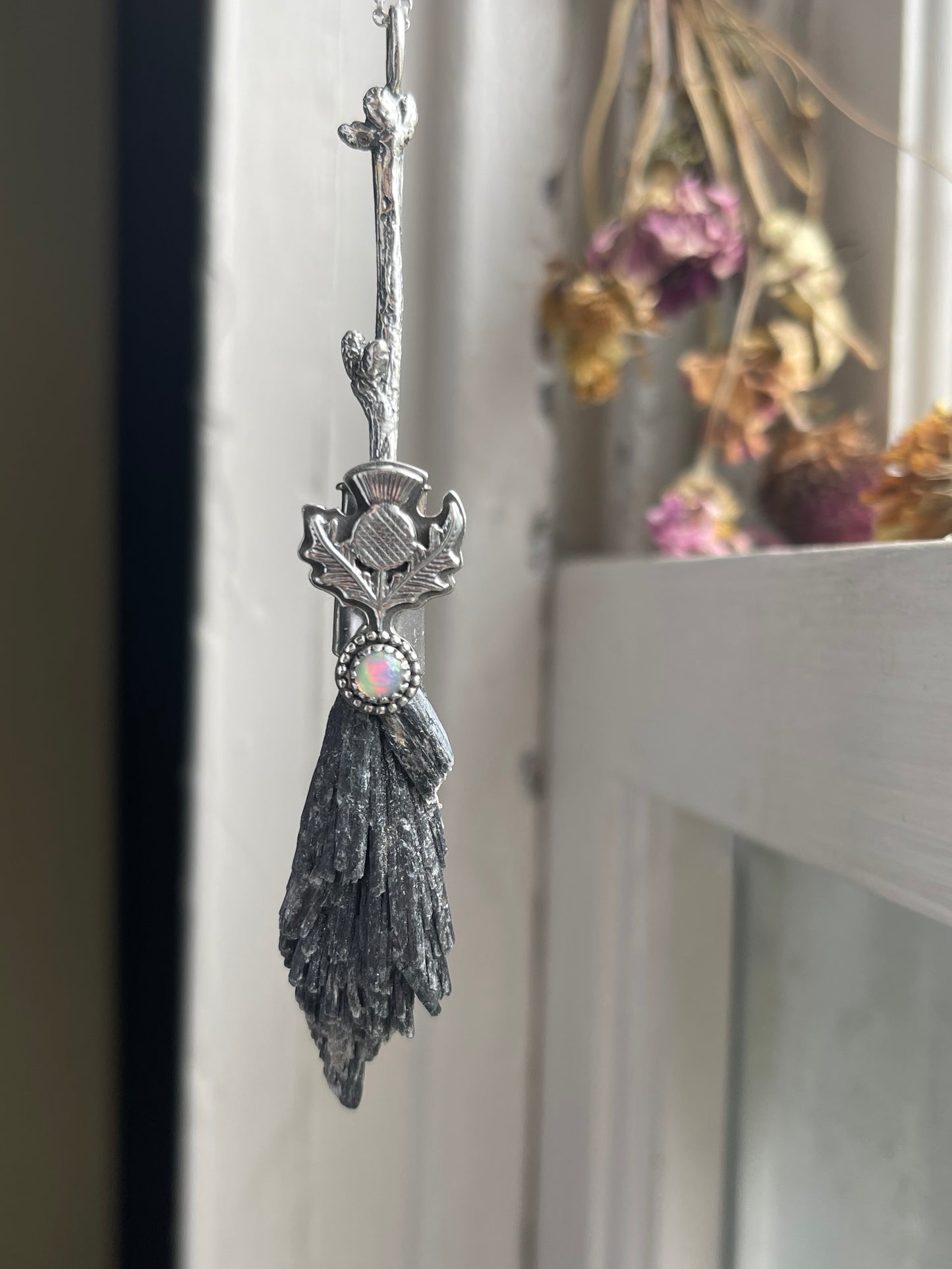 Thistle Opal Cottage Witch Crystal Broom Pendant