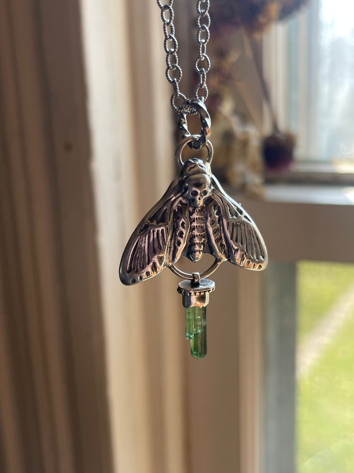 Green Tourmaline Crystal Deathmoth Necklace