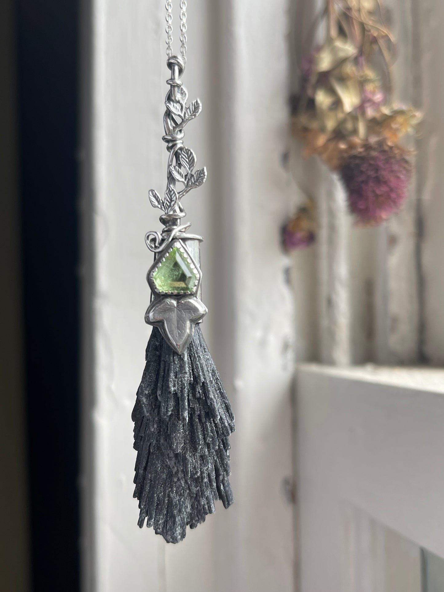 Elvish Ivy Forest Witch Crystal Broom Pendant
