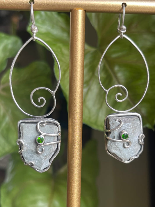 Forest Snail Dangle Earrings • Chrome Diopside & River Rock • Sterling Silver