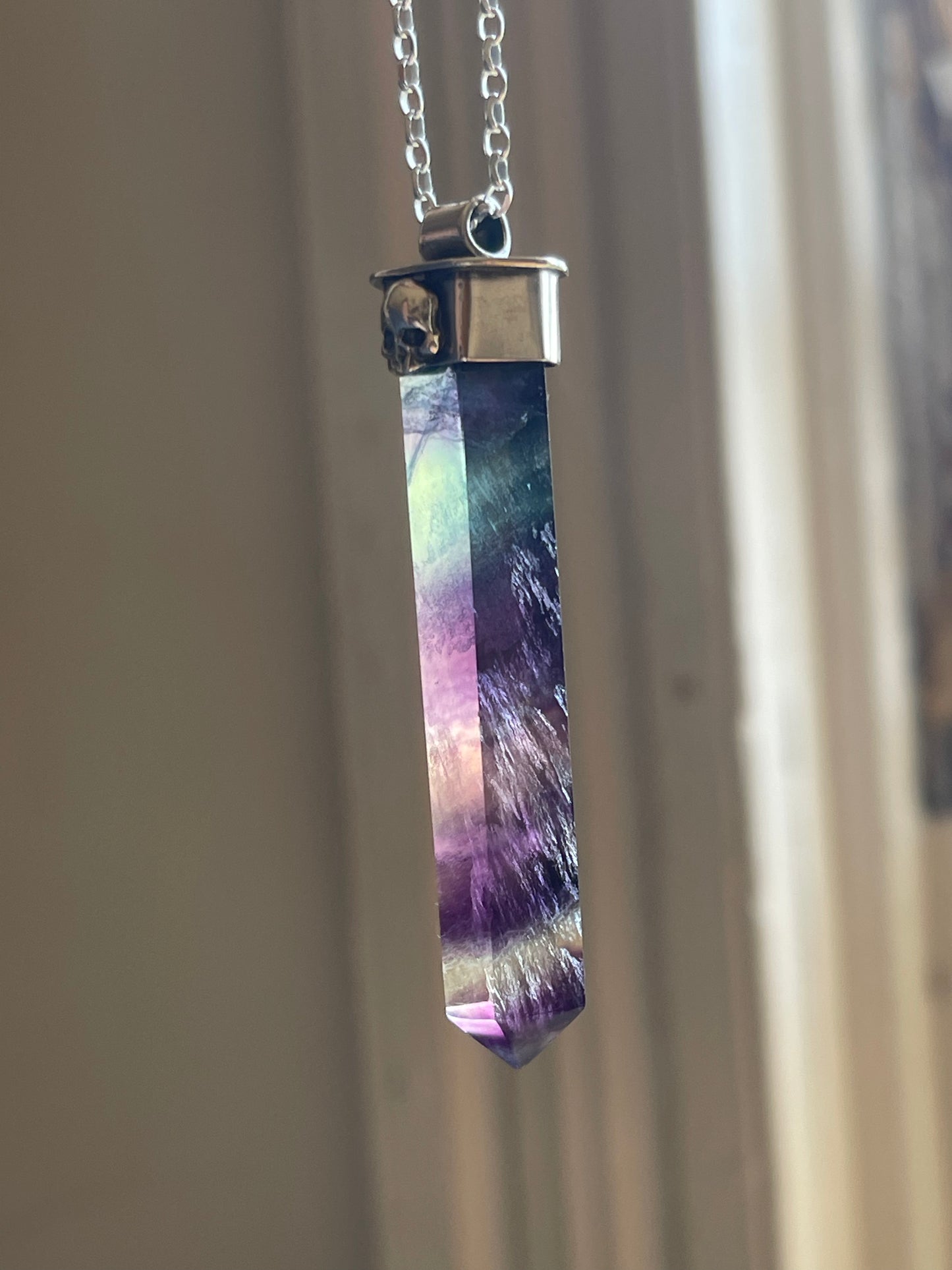 Autumnal Decay Fluorite Crystal Skull Necklace