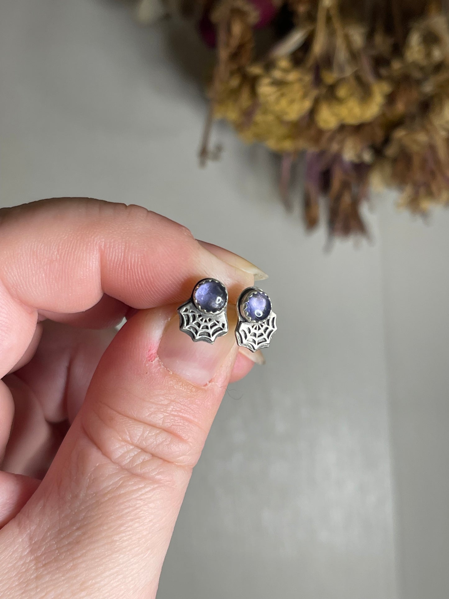 *Iolite Spider Web Sterling Silver Stud Earrings