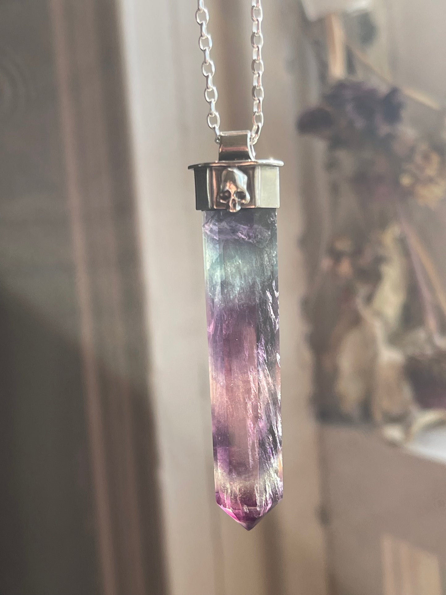 Autumnal Decay Fluorite Crystal Skull Necklace