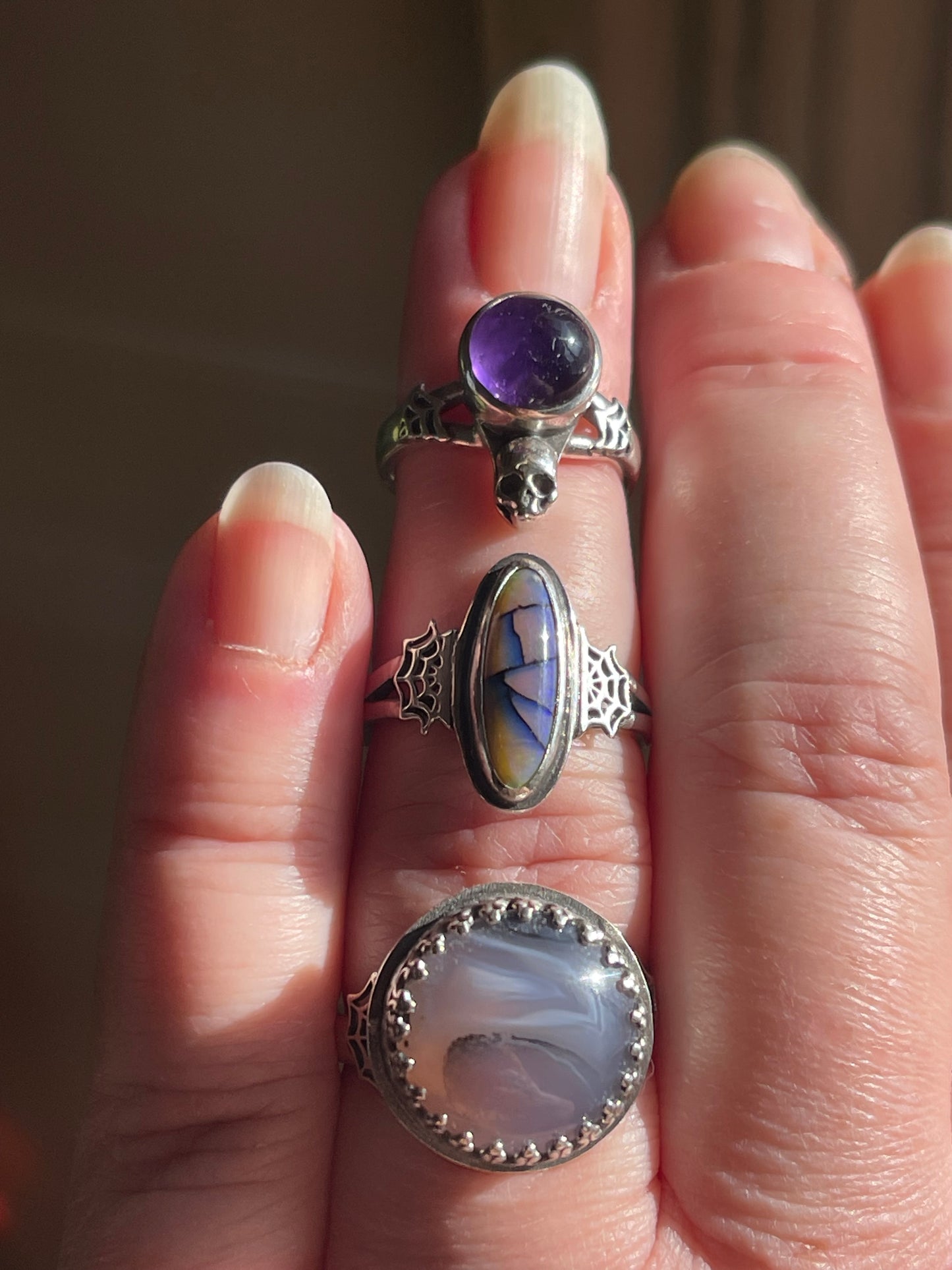 Elvira • Glowing Amethyst Spiderweb Skull Ring Size 5