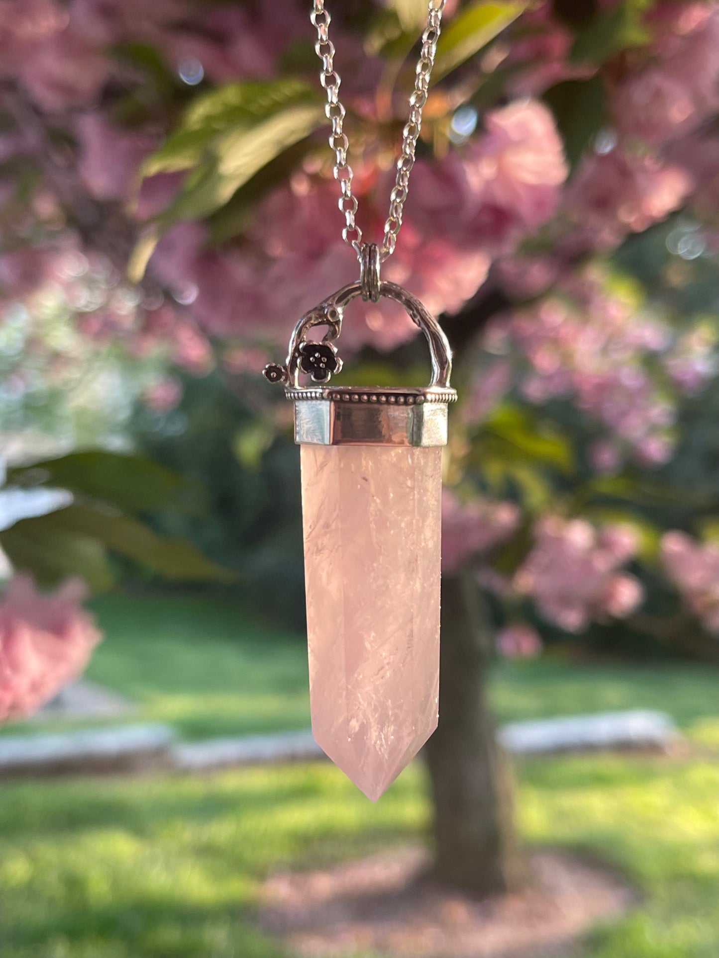 Cherries & Roses • Rose Quartz Crystal Floral pendant necklace