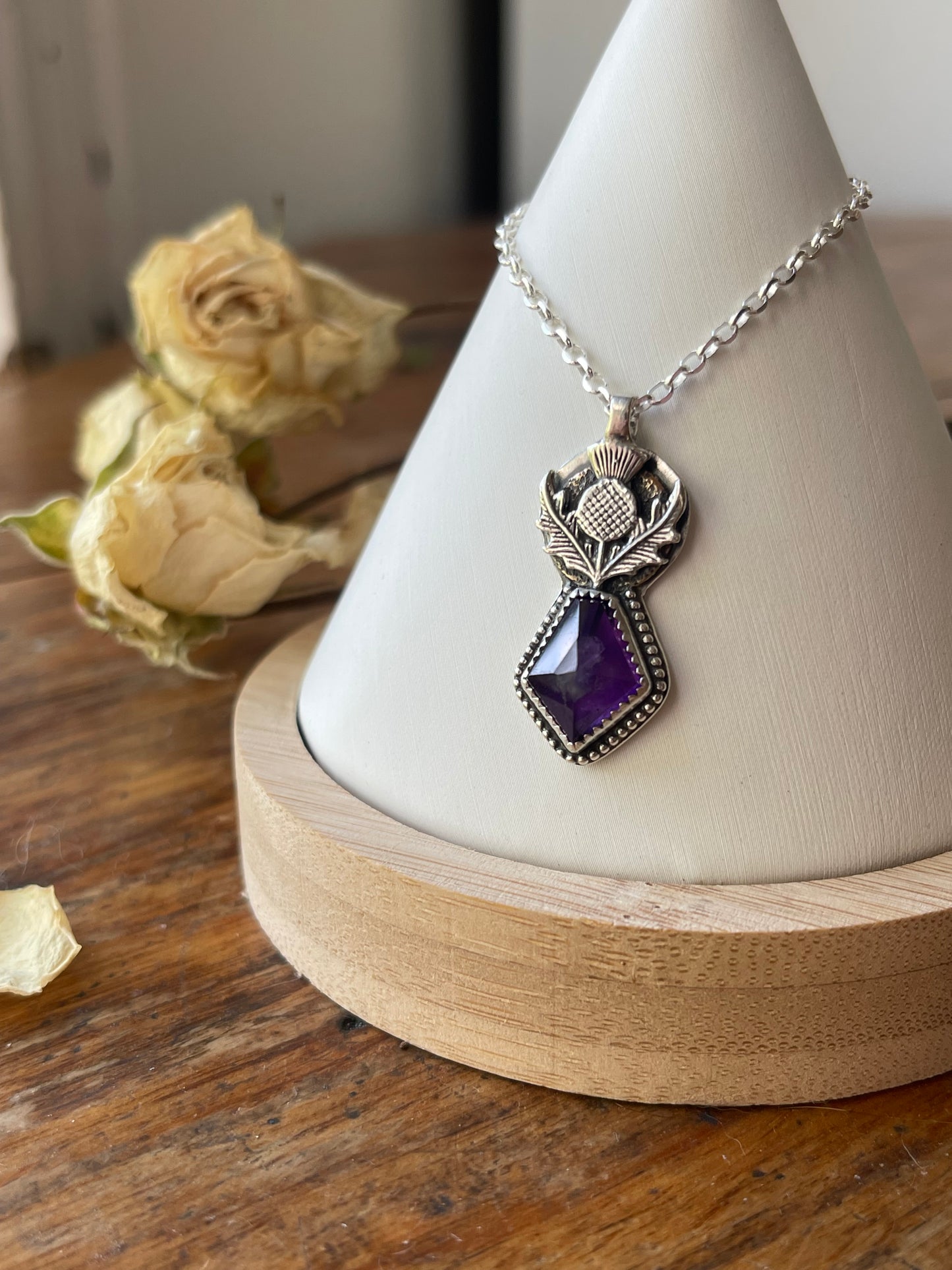 *Queen’s Resilience • Amethyst Thistle Pendant Necklace • Sterling Silver & Brass Mixed Metals
