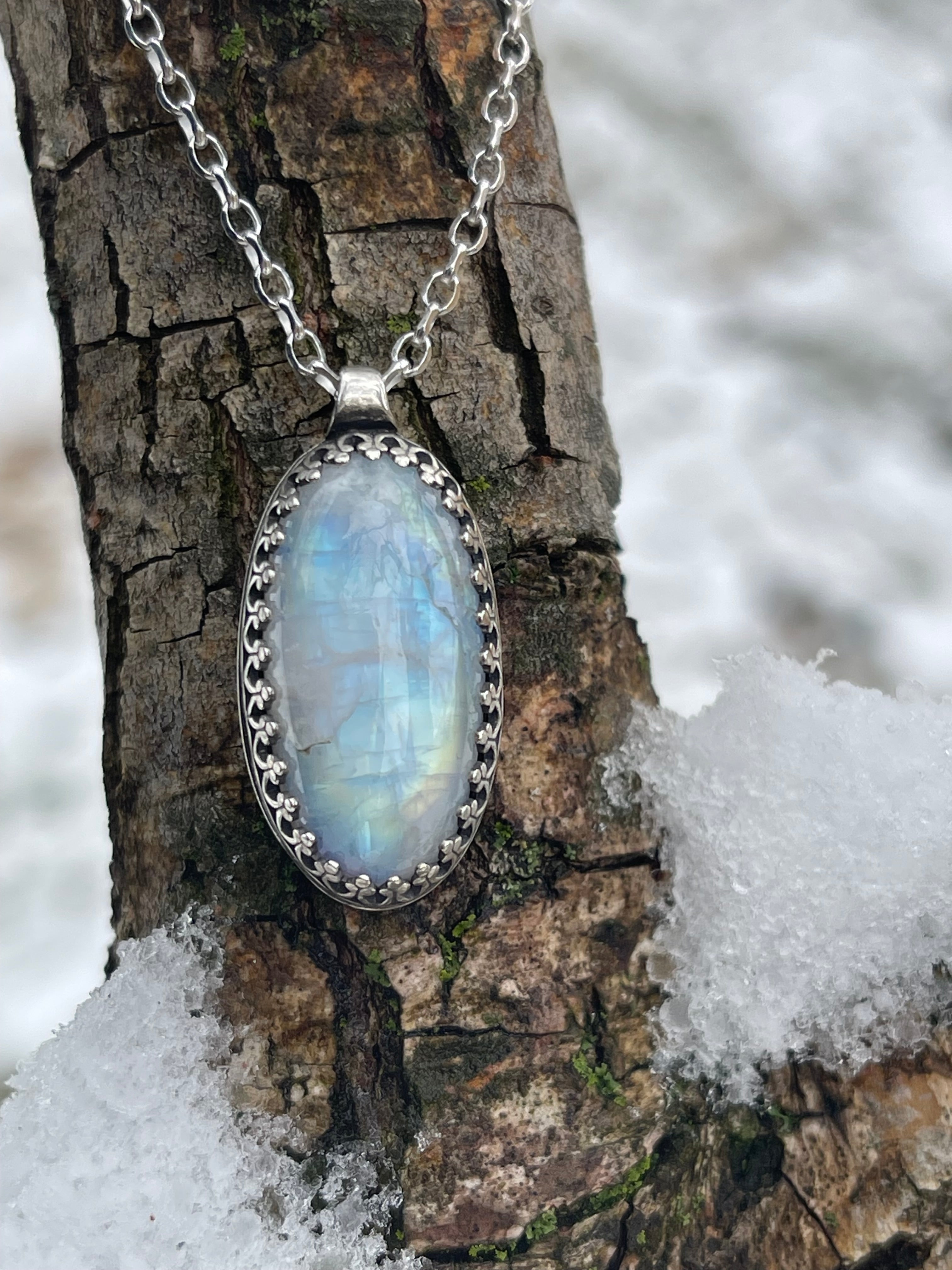 Winter Sun • Sterling Silver Rainbow Moonstone Pendant Necklace