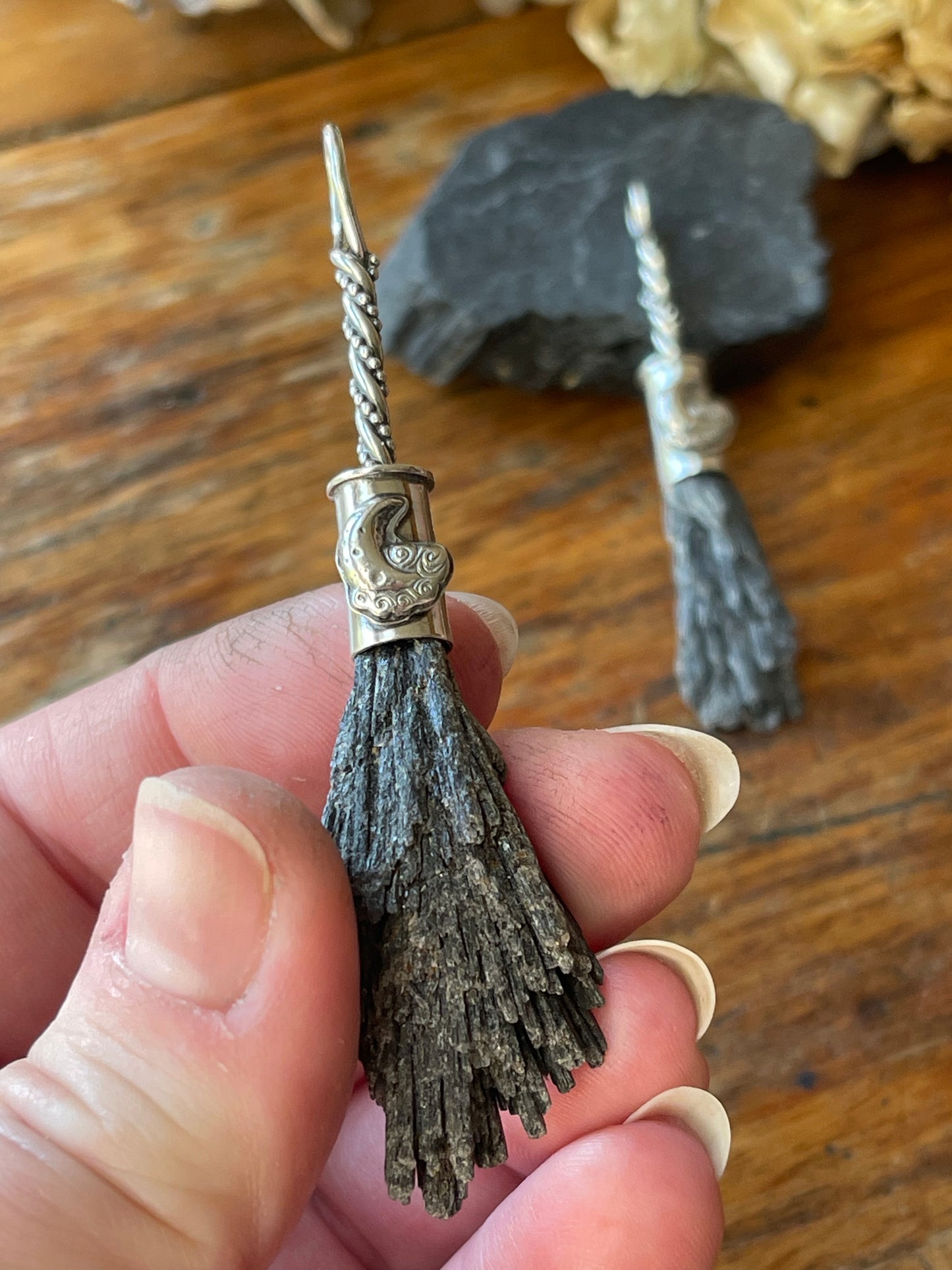 Clouded Crescent Whimsical Lunar Witch Crystal Broom Pendant