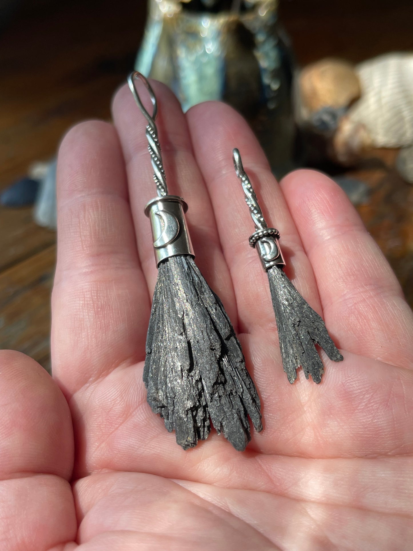 Black Kyanite Crystal Lunar Witch Broom Pendant PRE-ORDER