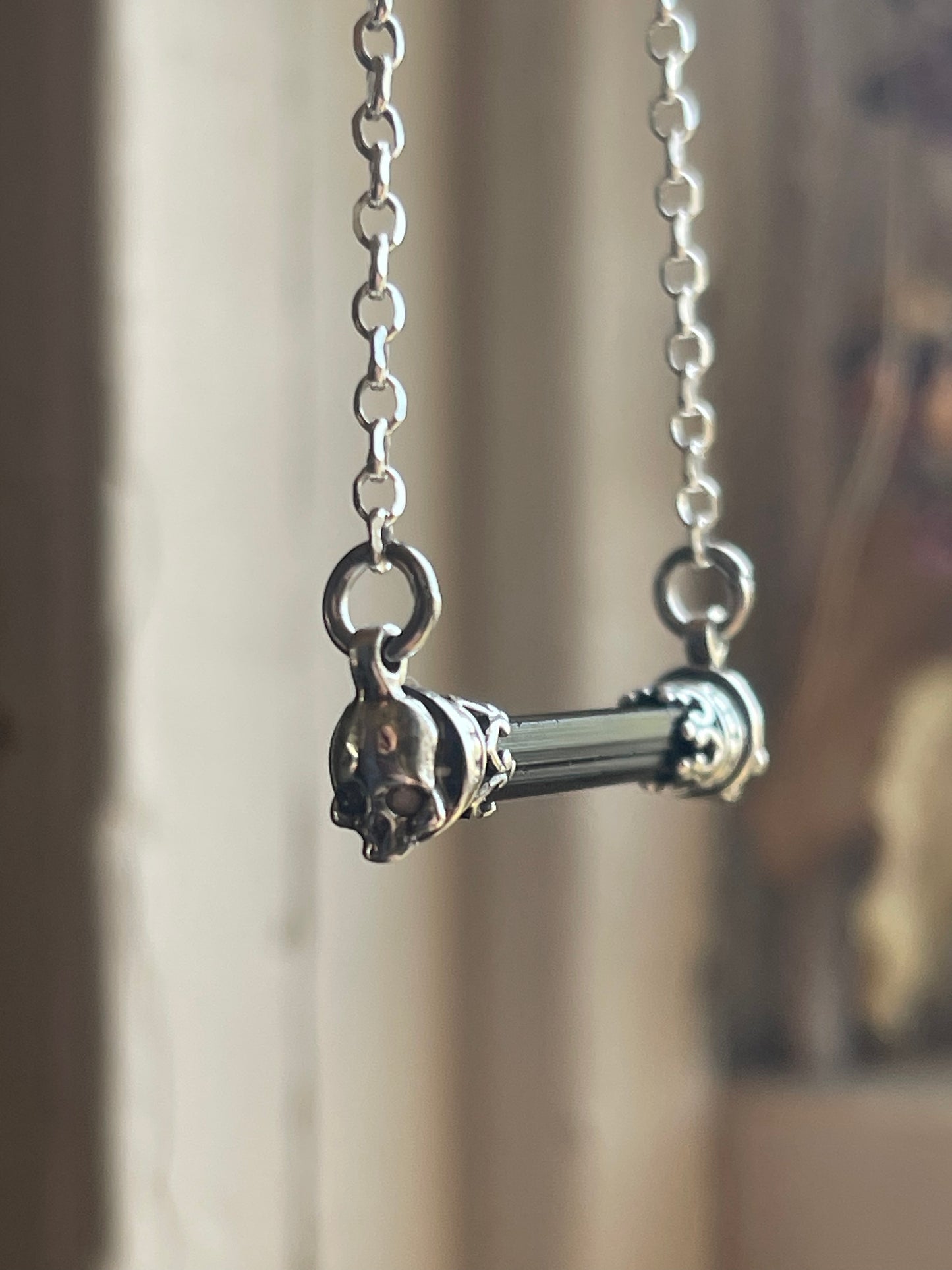 Black Tourmaline Crystal Gothic Skull Bar Necklace