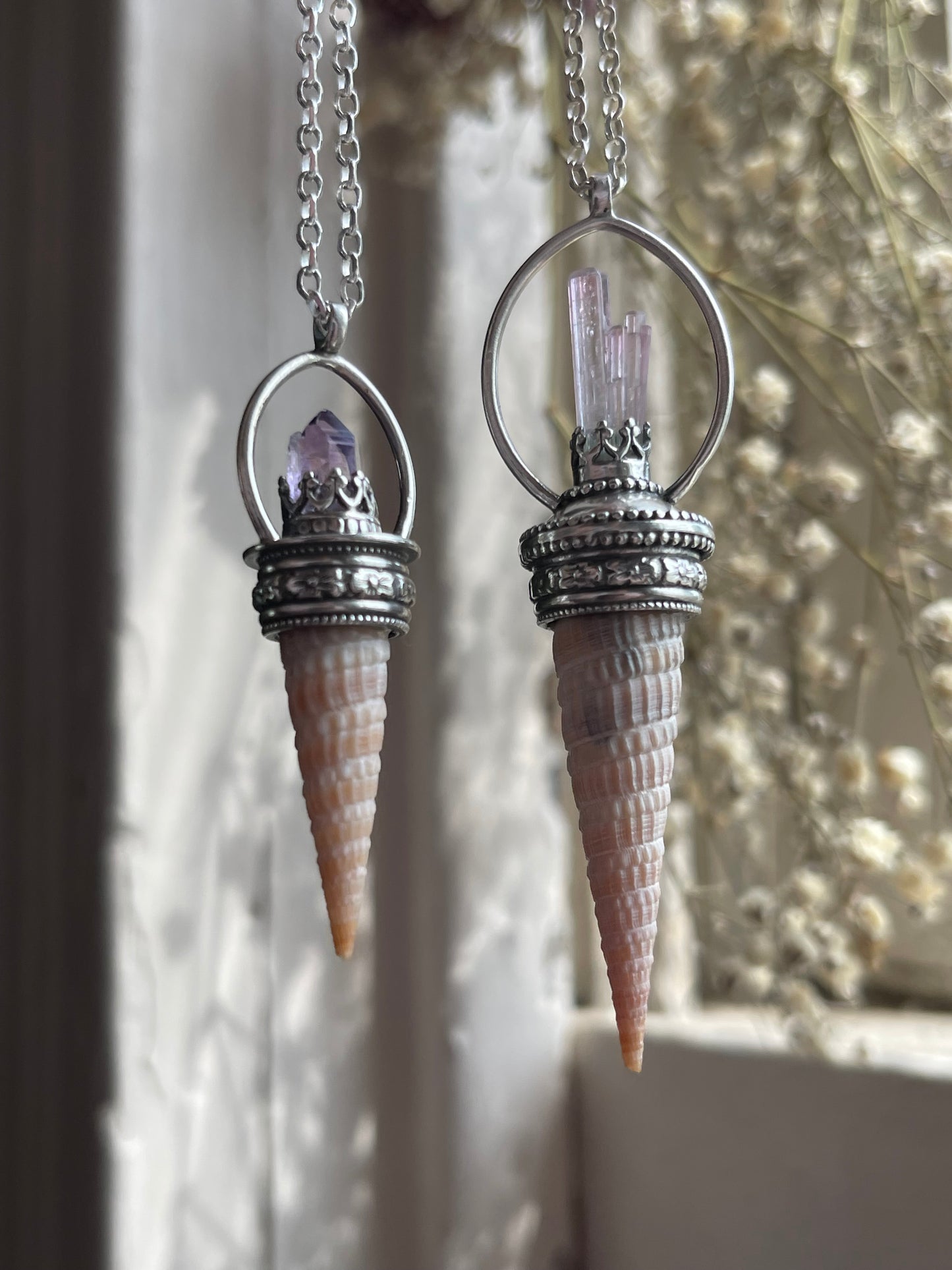 Elafonisi Tides • Pink Watermelon Tourmaline Crystal Shell Statement Pendant Necklace