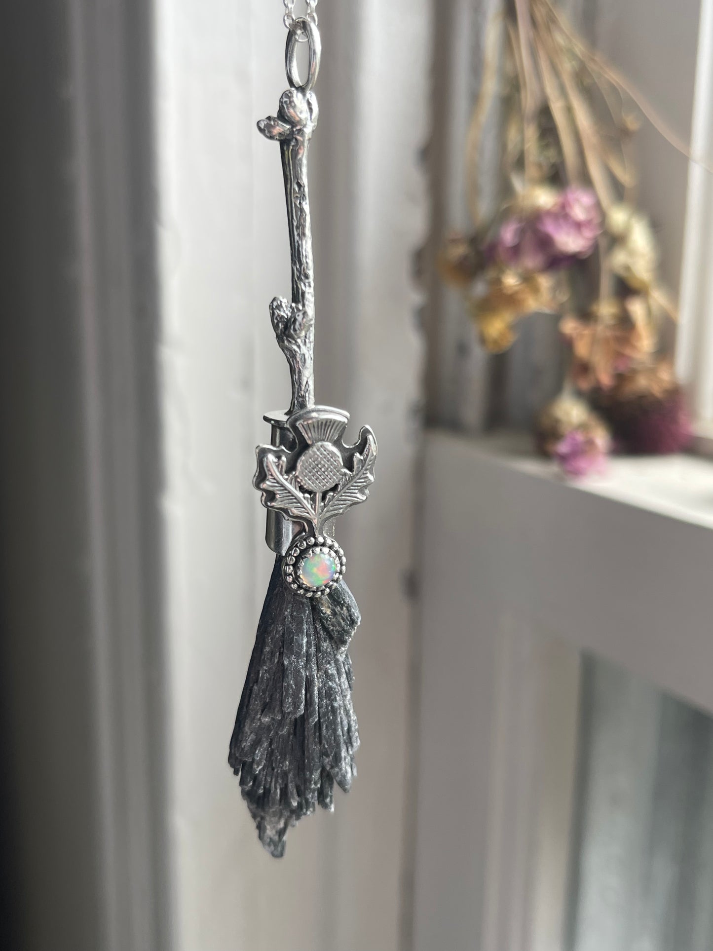 Thistle Opal Cottage Witch Crystal Broom Pendant