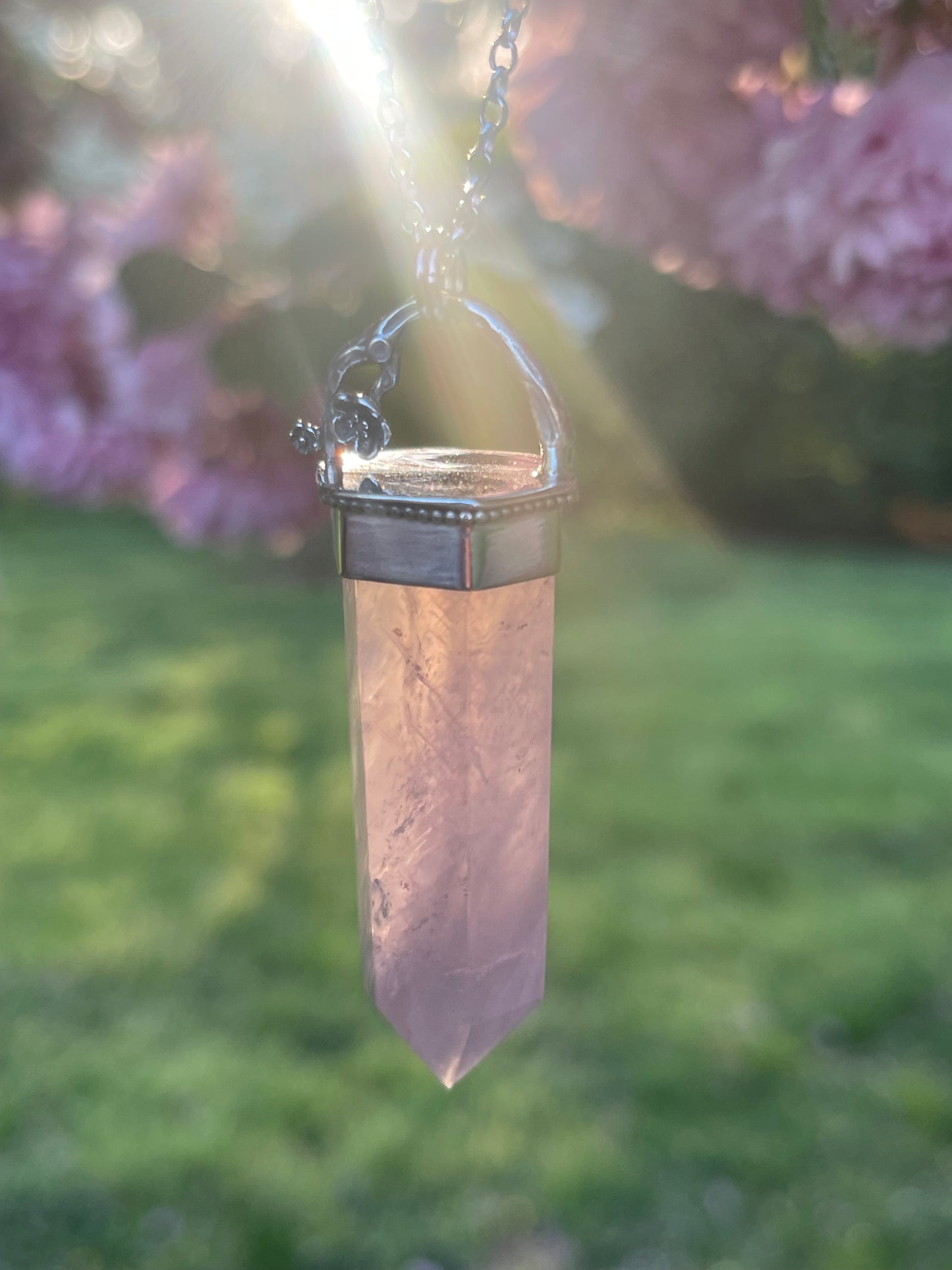 Cherries & Roses • Rose Quartz Crystal Floral pendant necklace