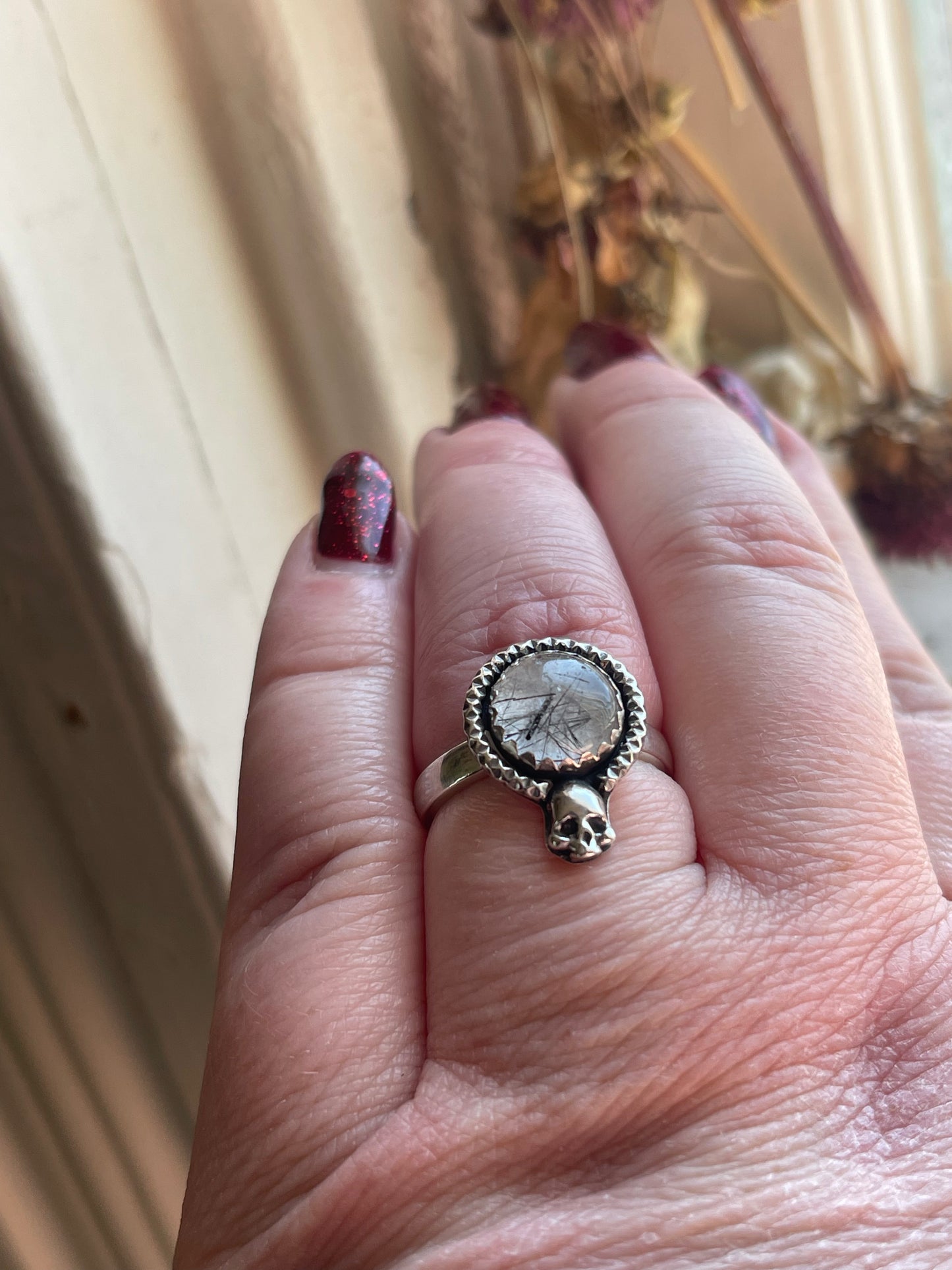 Black Rutilated Quartz Skull Ring