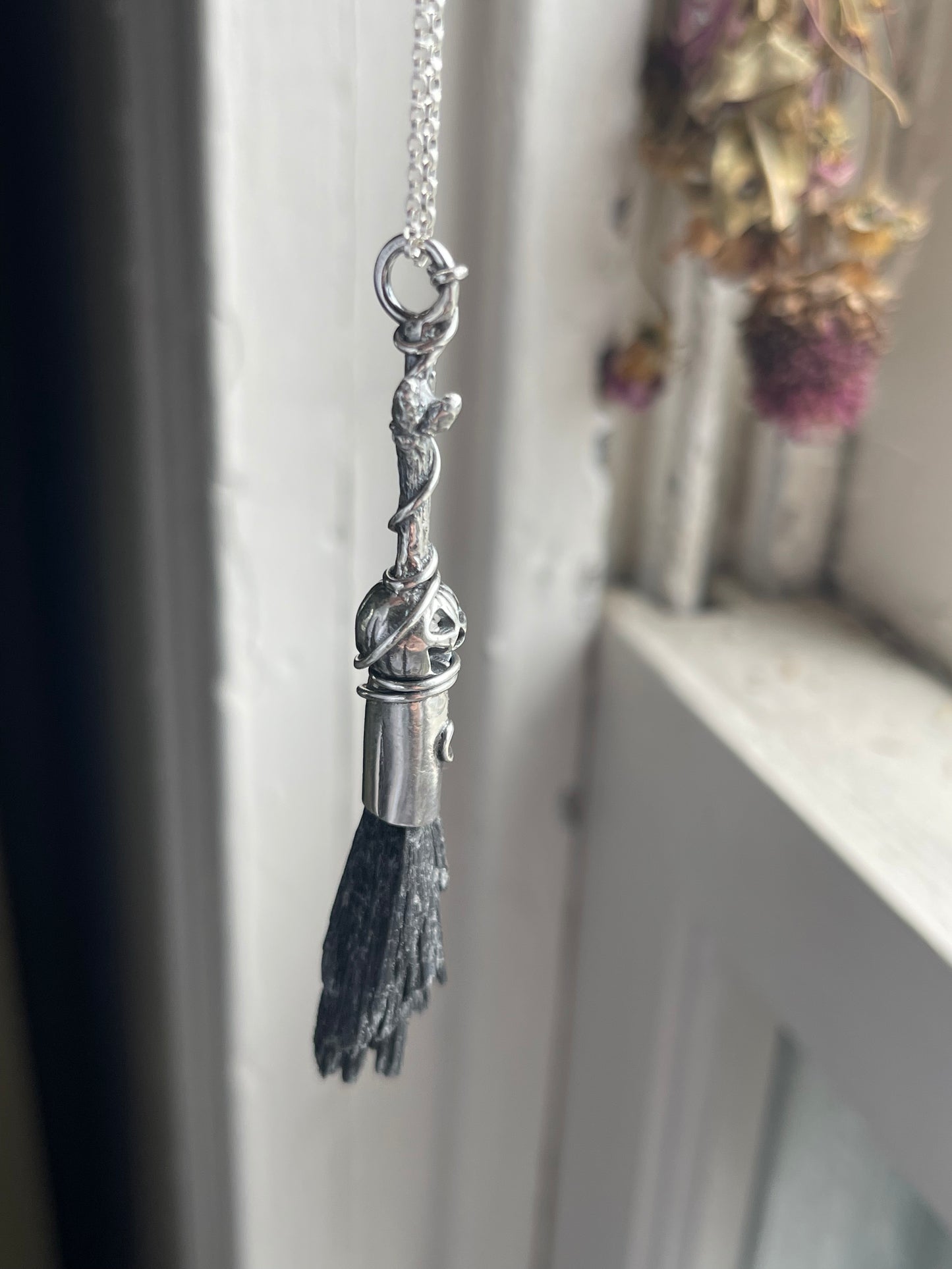 Classic Pumpkin Autumn Witch Crystal Broom Pendant