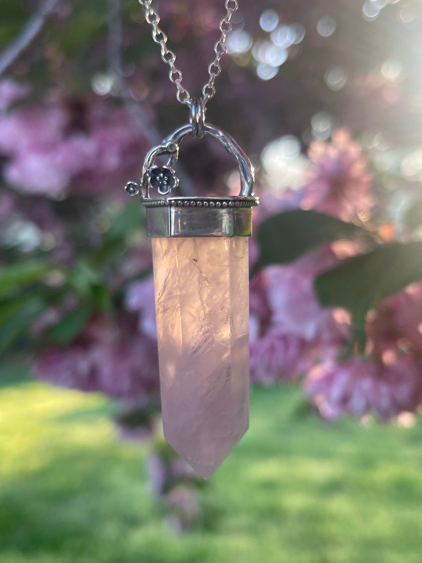 Cherries & Roses • Rose Quartz Crystal Floral pendant necklace