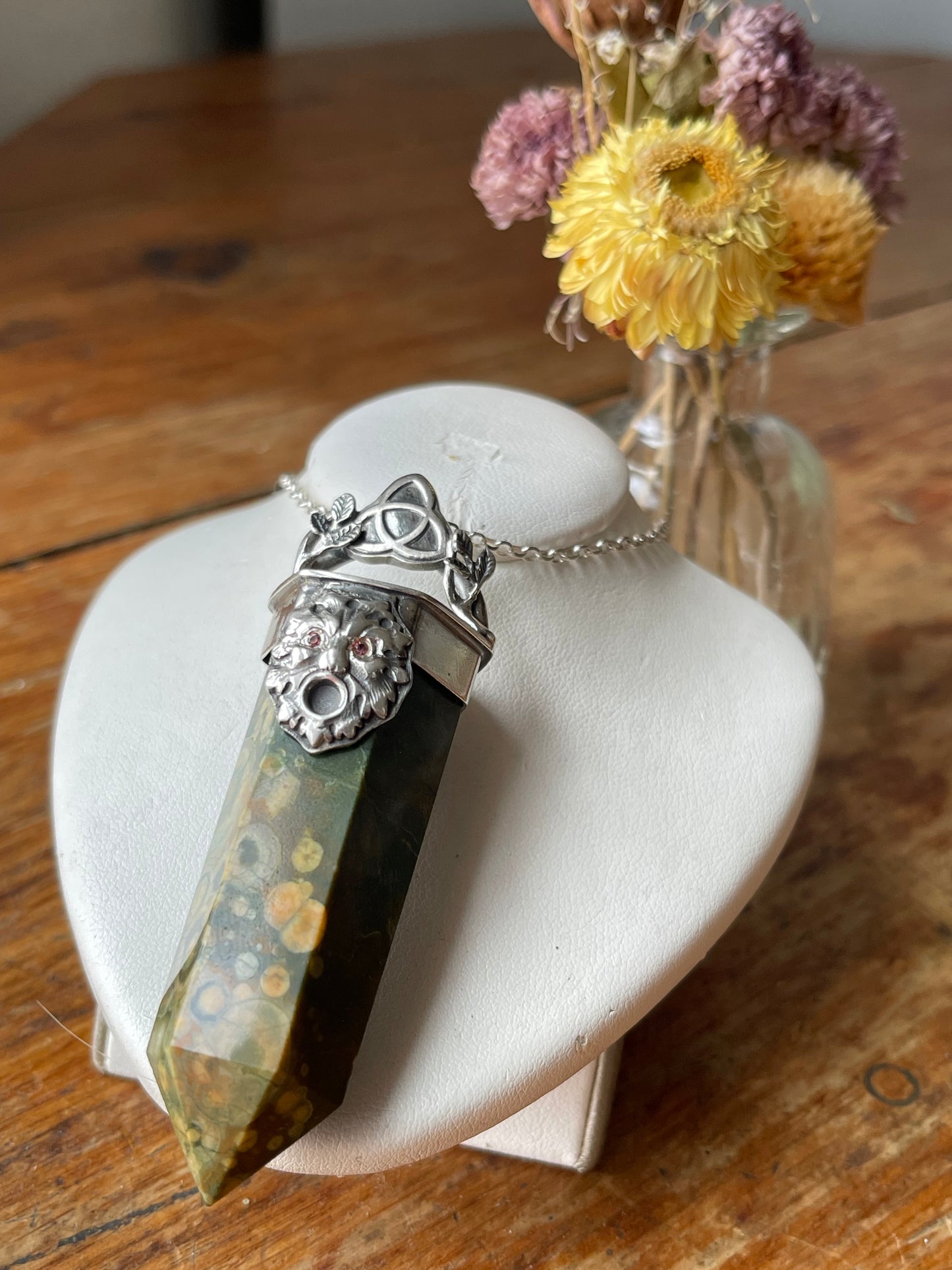 *Oakfather’s Blessing • Rainforest Agate Greenman Crystal with Orange Sapphire Eyes • Sterling Silver
