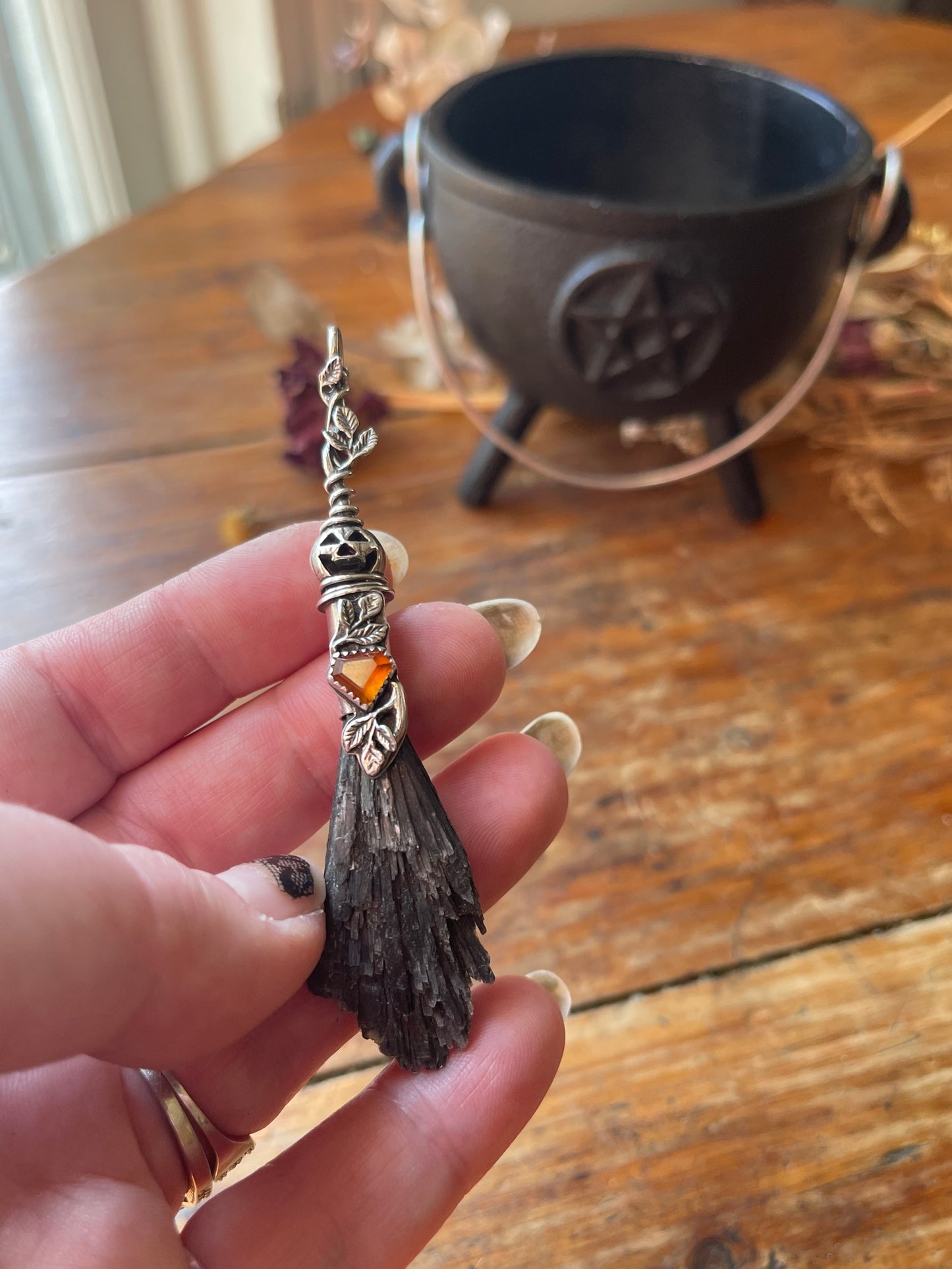 Glowing Garnet Pumpkin Autumn Witch Crystal Broom Pendant