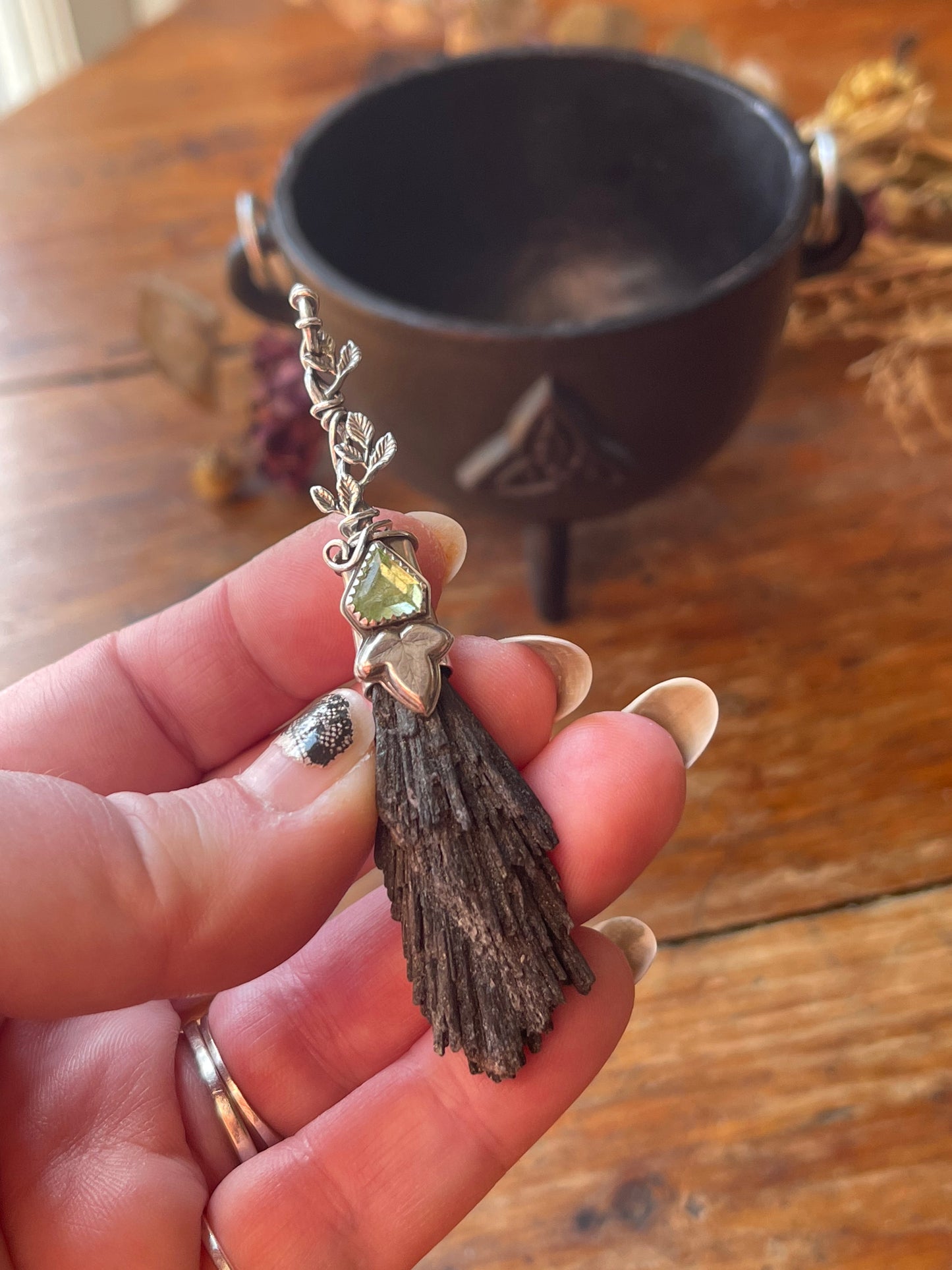 Elvish Ivy Forest Witch Crystal Broom Pendant
