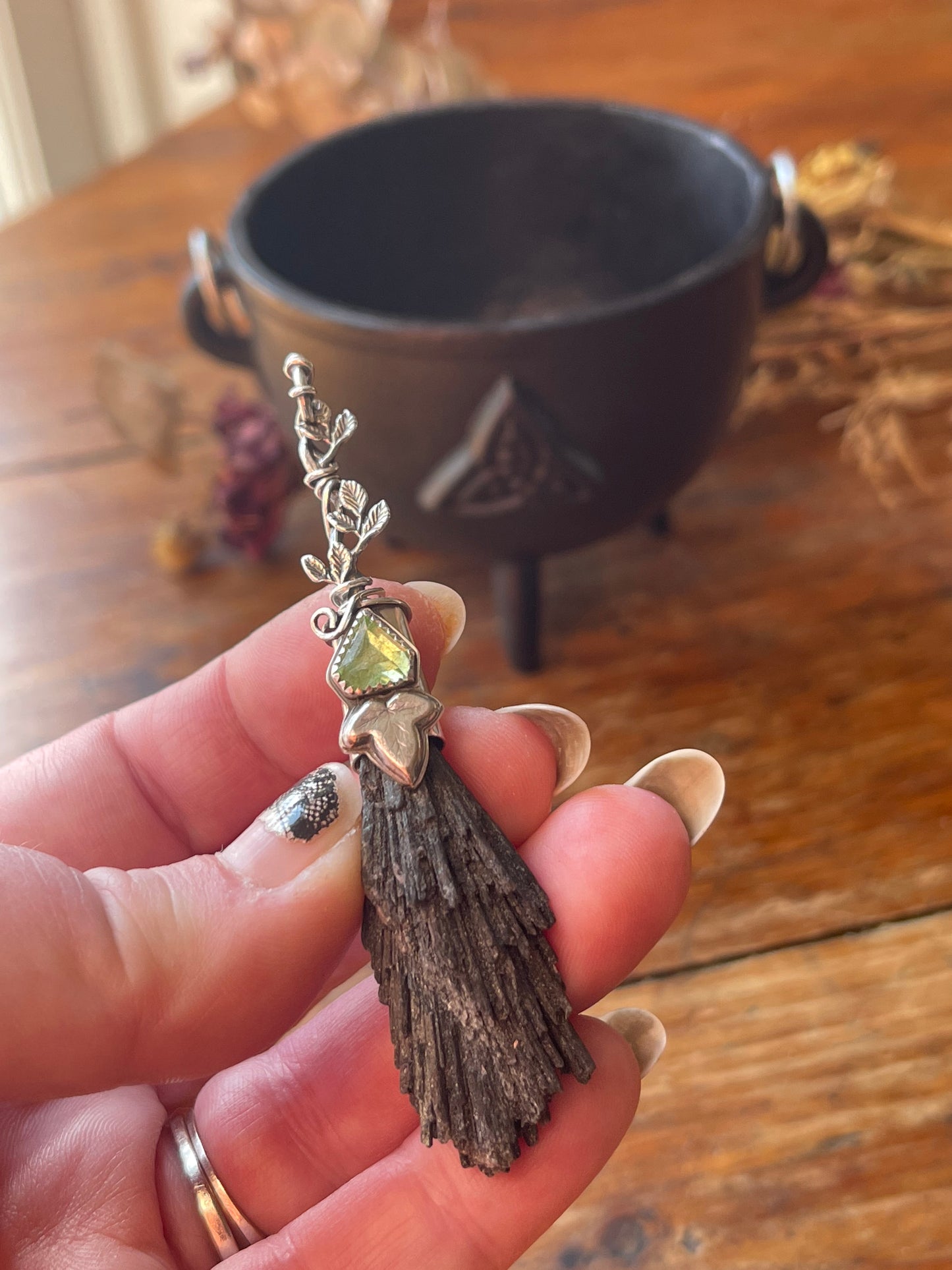 Elvish Ivy Forest Witch Crystal Broom Pendant