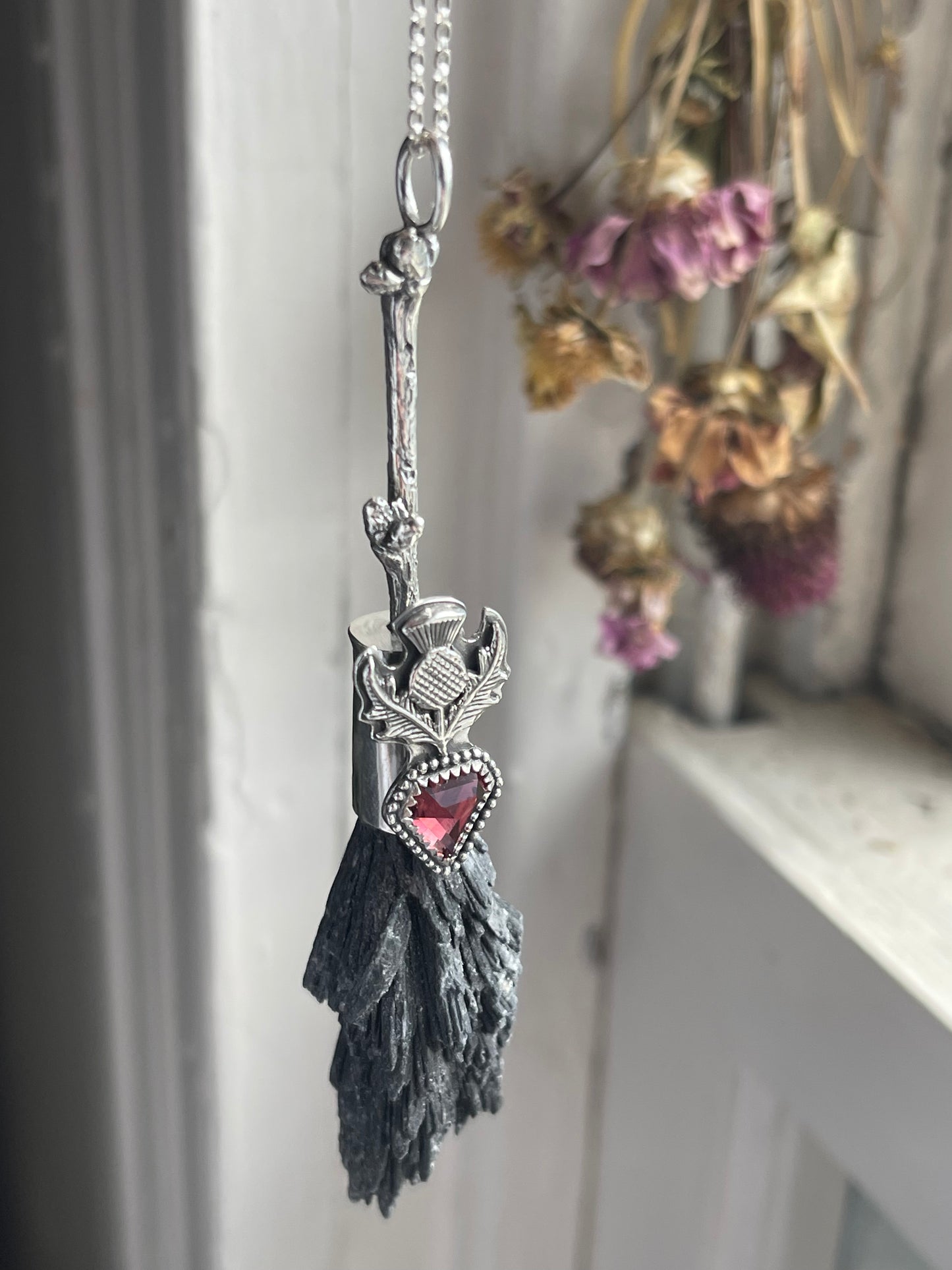 Cottage Witch Thistle Garnet Crystal Broom Pendant