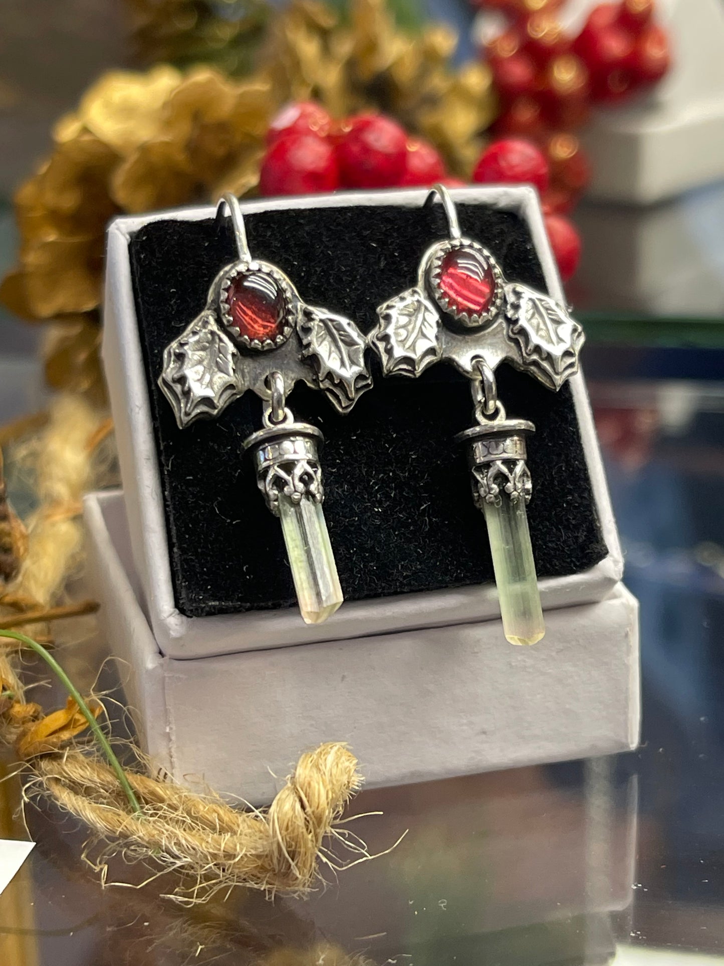 Festive Holly Crystal Dangle Earrings
