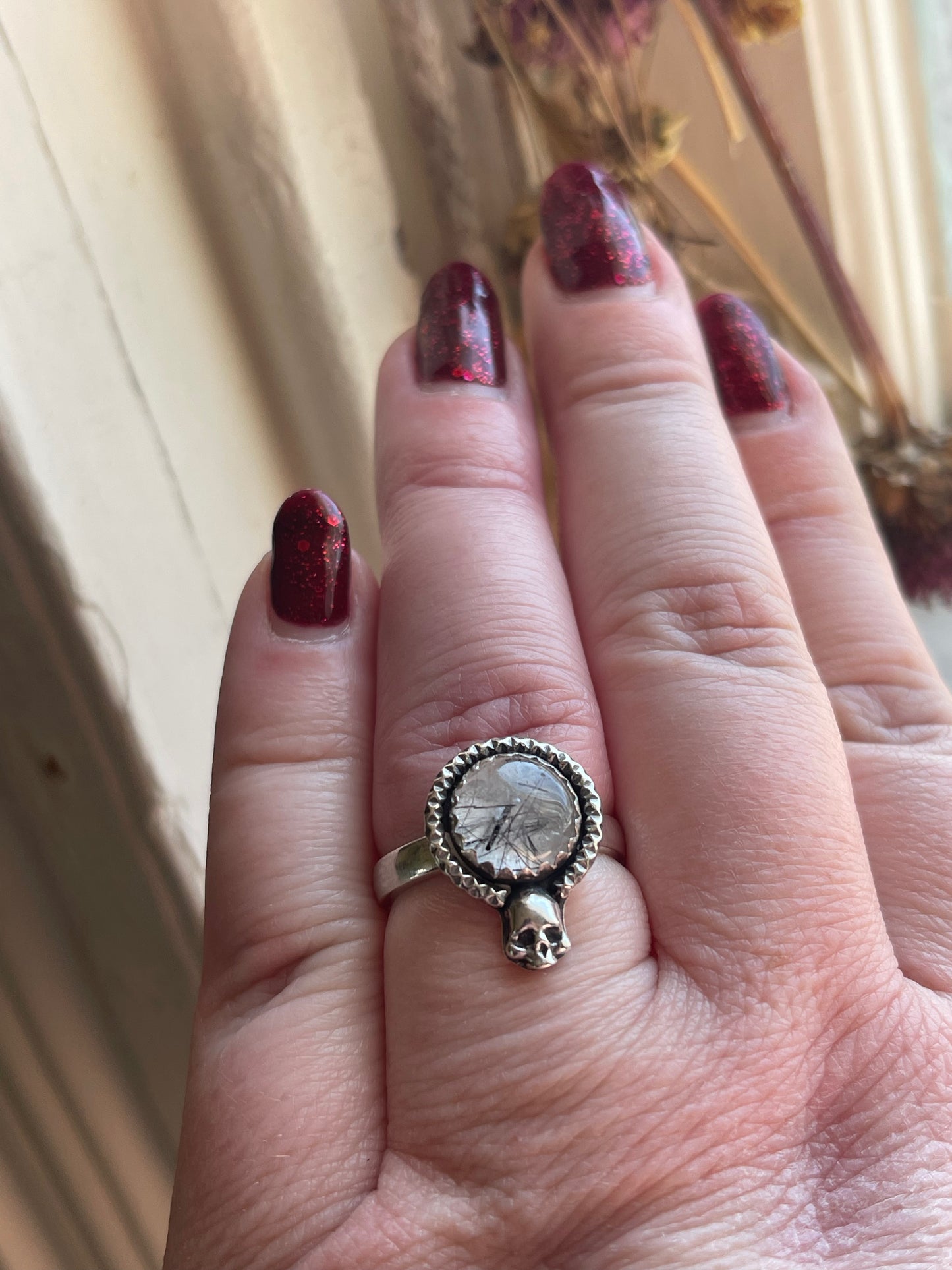 Black Rutilated Quartz Skull Ring