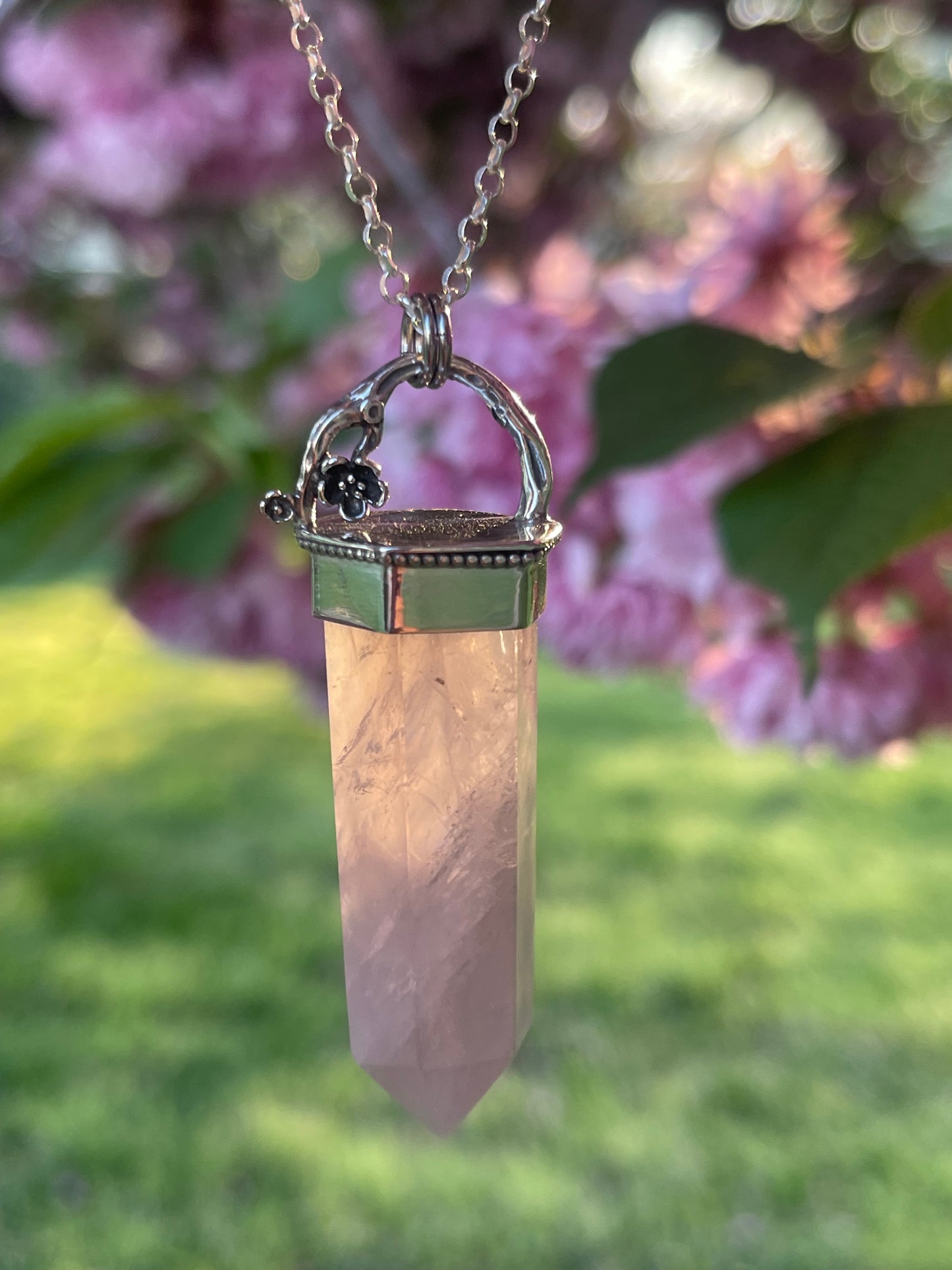Cherries & Roses • Rose Quartz Crystal Floral pendant necklace