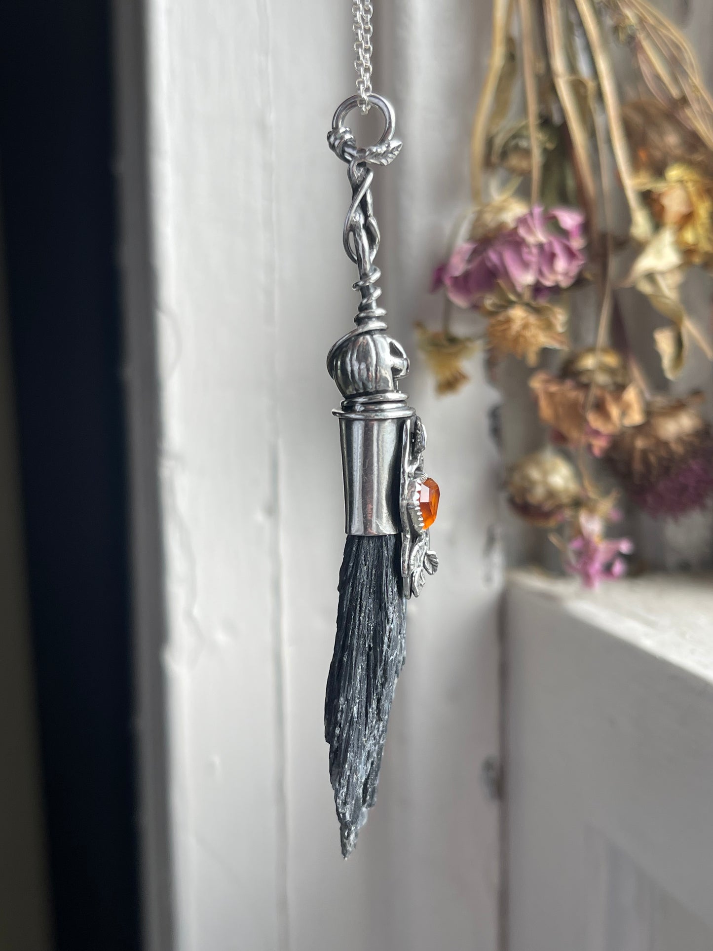 Glowing Garnet Pumpkin Autumn Witch Crystal Broom Pendant