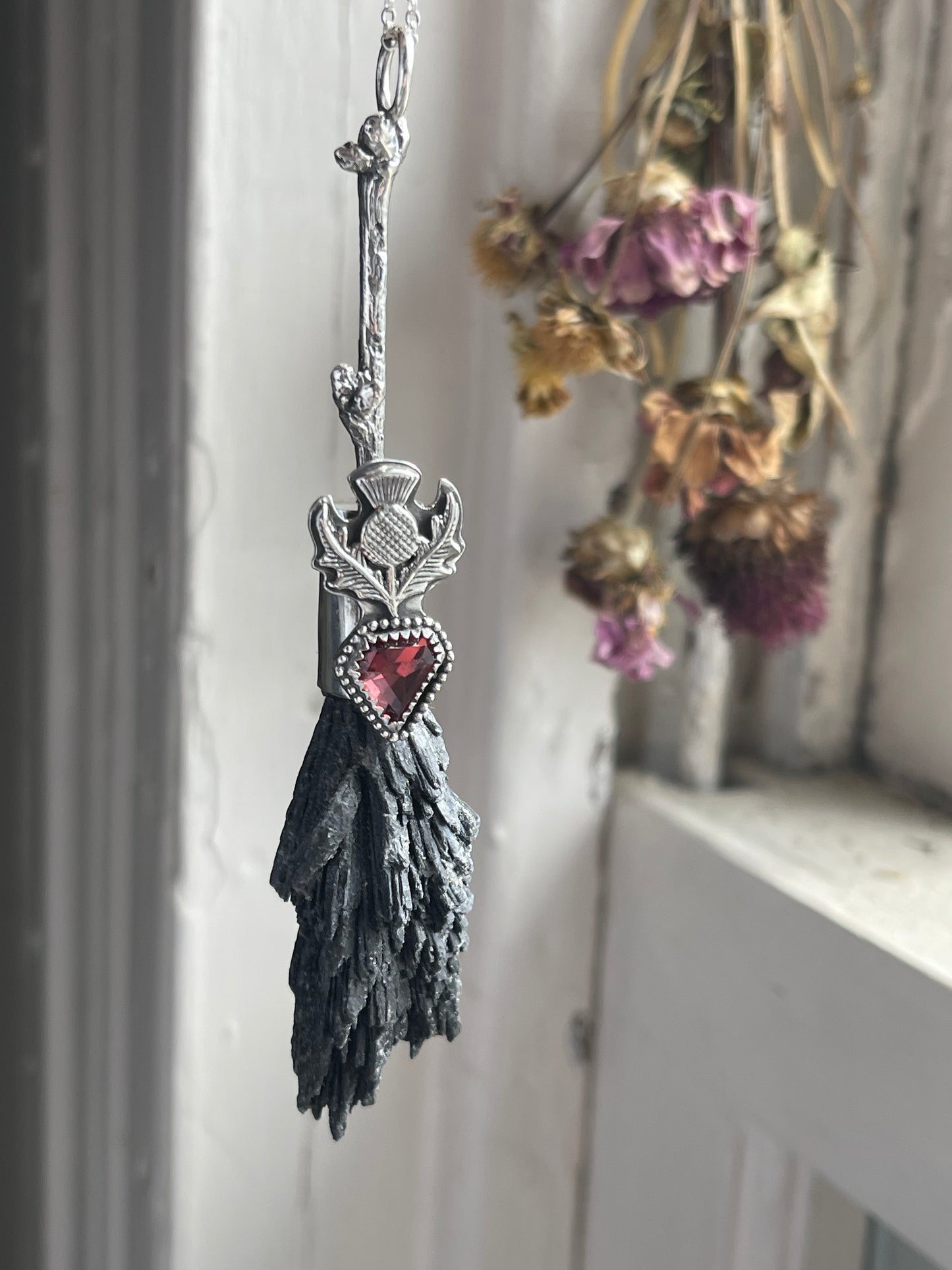 Cottage Witch Thistle Garnet Crystal Broom Pendant