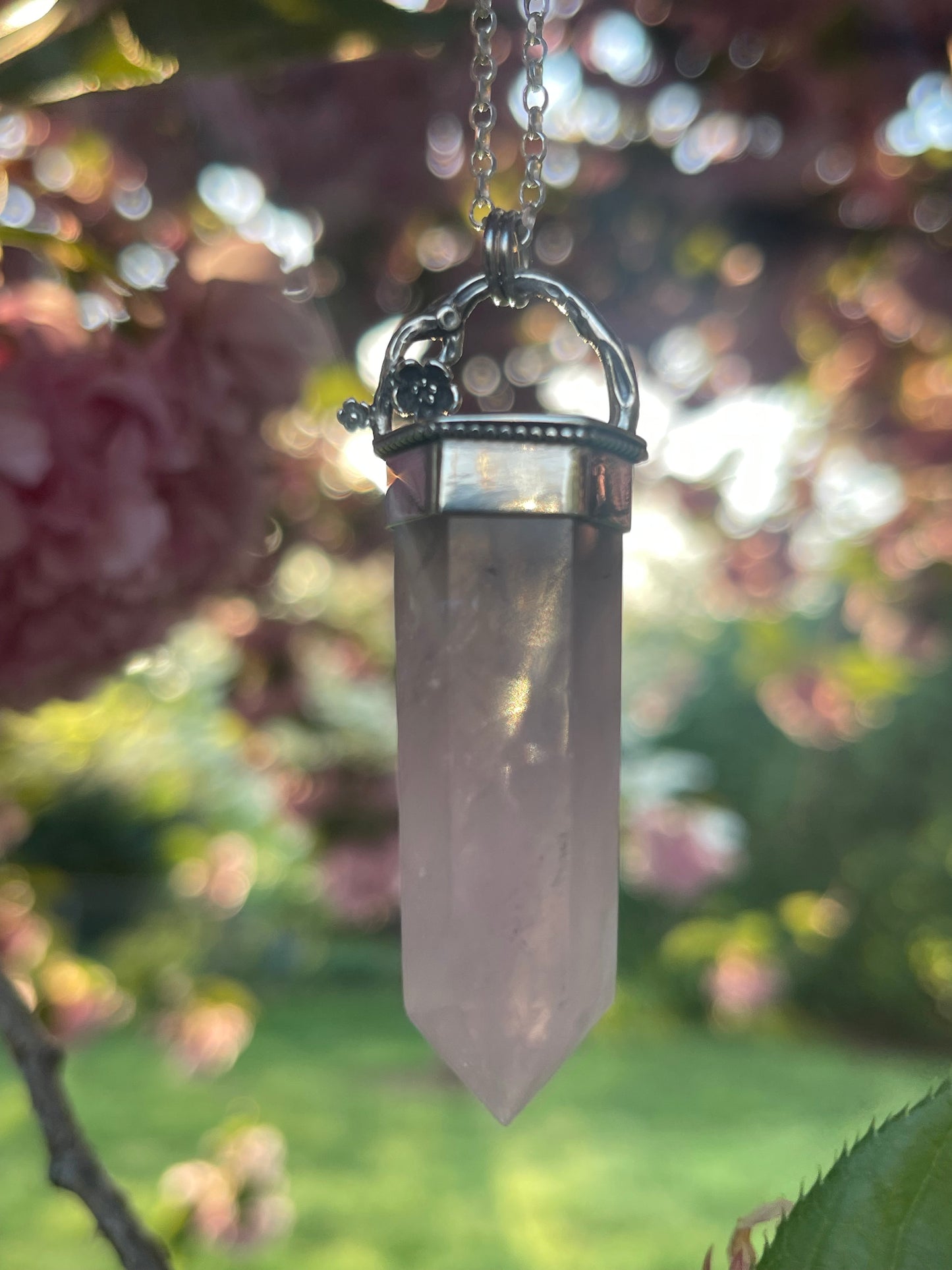 Cherries & Roses • Rose Quartz Crystal Floral pendant necklace