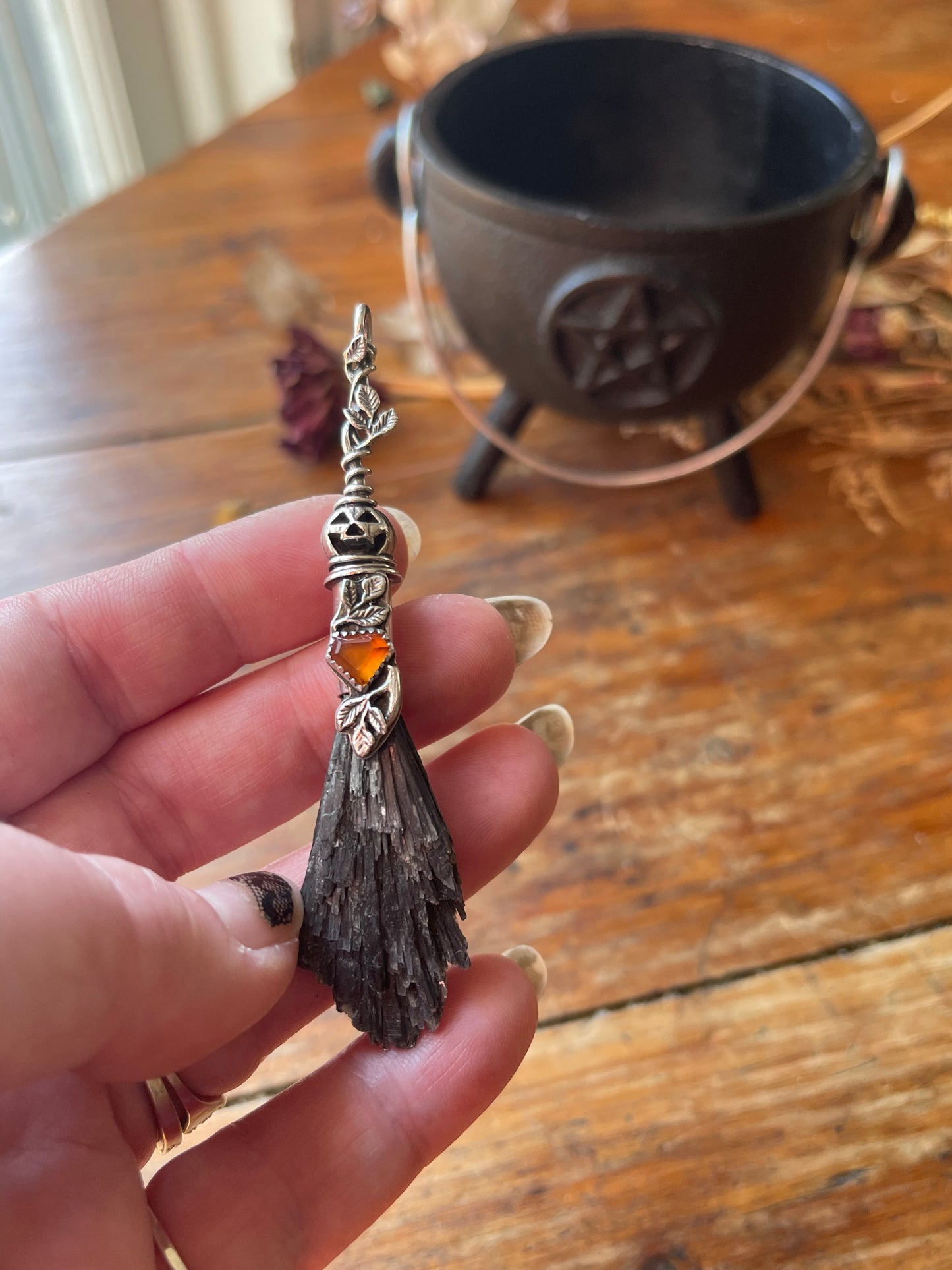 Glowing Garnet Pumpkin Autumn Witch Crystal Broom Pendant