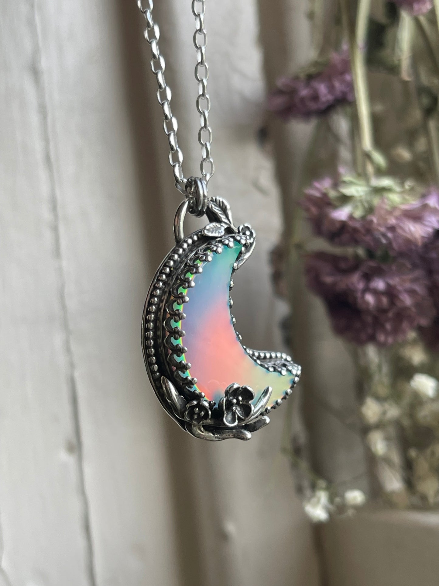 *Pink Moon • Aurora Opal Cherry Blossom Crescent Moon Statement Pendant necklace