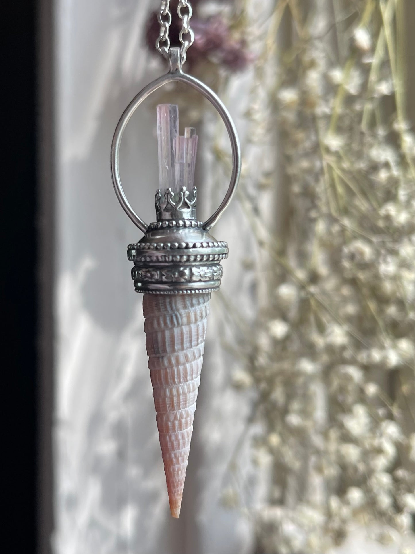 Elafonisi Tides • Pink Watermelon Tourmaline Crystal Shell Statement Pendant Necklace
