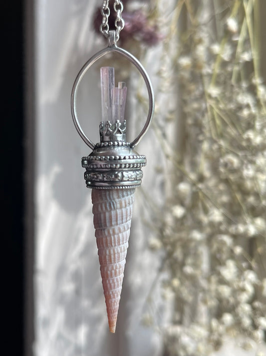 Elafonisi Tides • Pink Watermelon Tourmaline Crystal Shell Statement Pendant Necklace