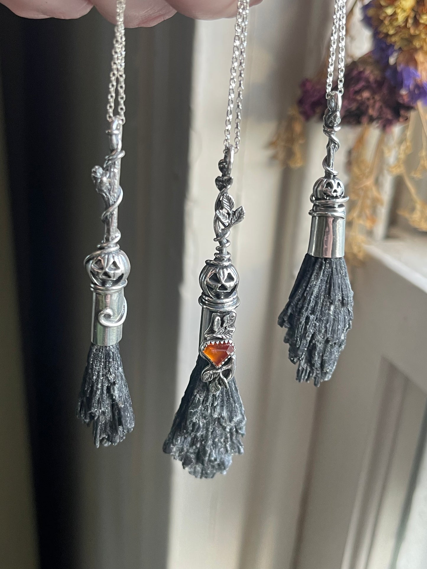Classic Pumpkin Autumn Witch Crystal Broom Pendant